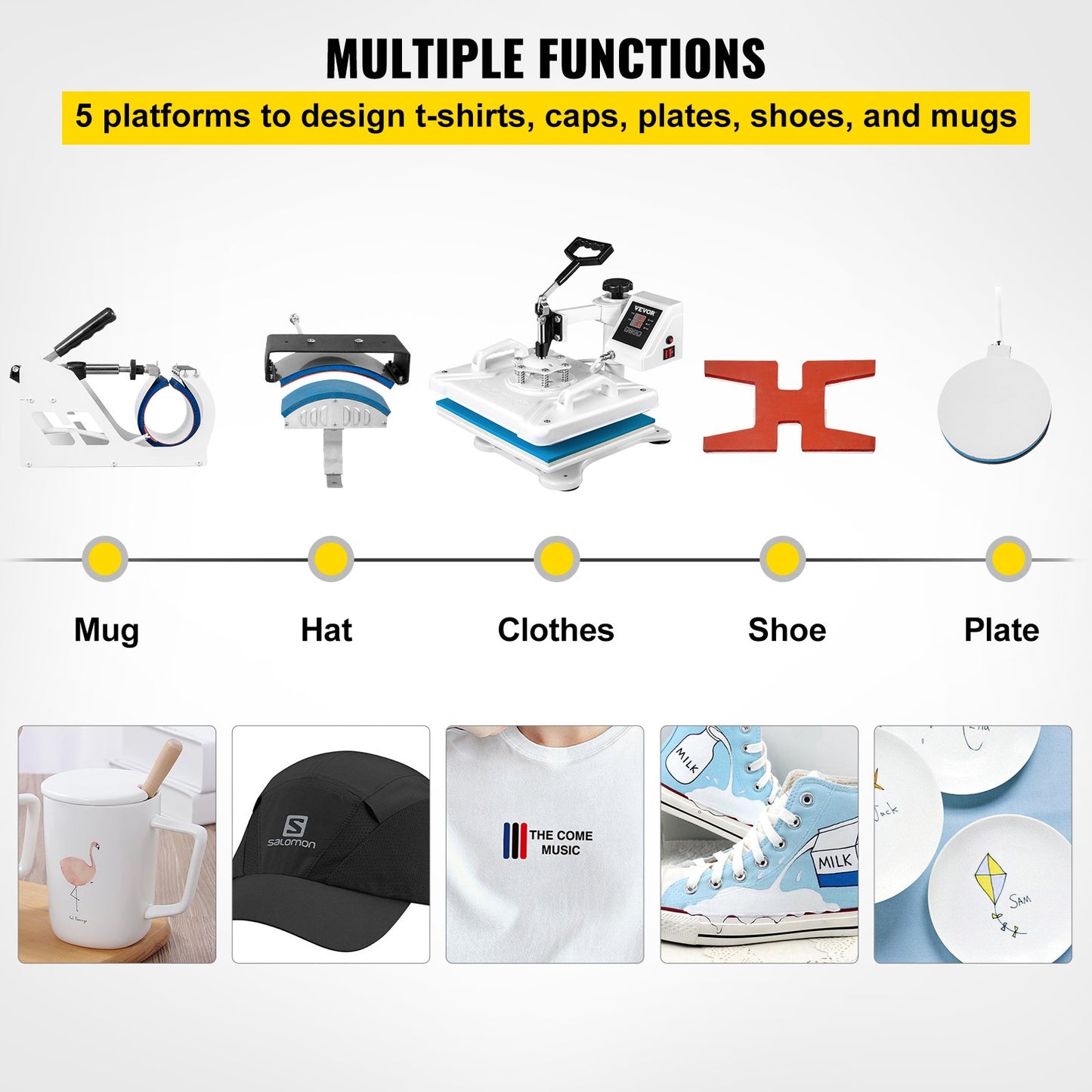 Heat Press 12 X 15 Inch 5 In 1 Heat Press 1250W Heat Press Machine Swing Away White Heat Press T-shirt Sublimation Printer Transfer 360 graders rotation för DIY-skor Hatt och T-shirt