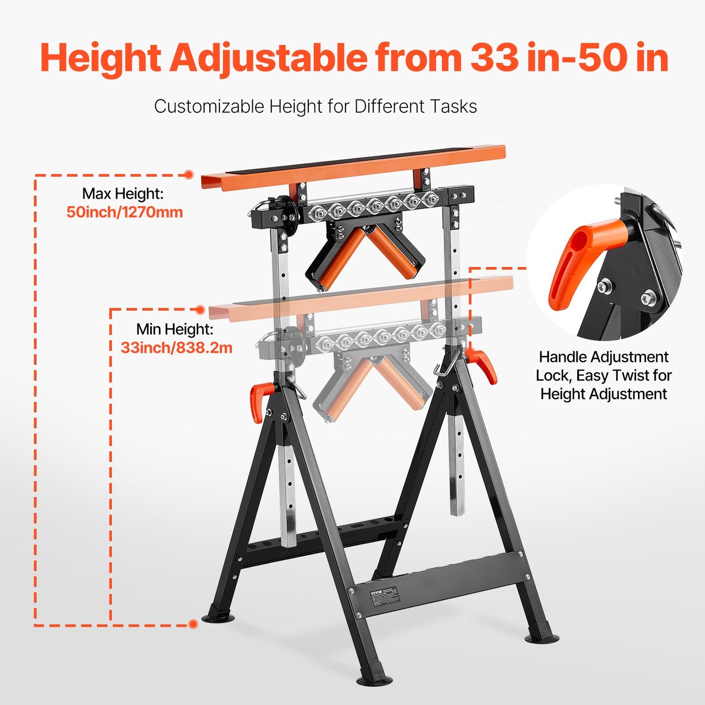 4-i-1 Woodworking Roller Stand Max belastning 440 lb Justerbar höjd 33-50 tum
