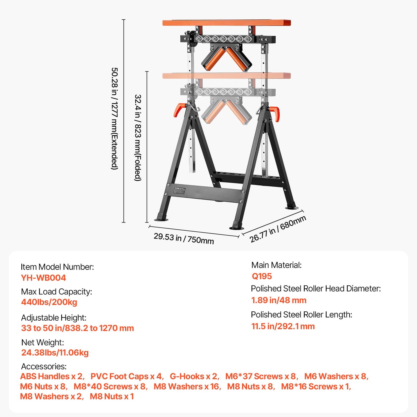4-i-1 Woodworking Roller Stand Max belastning 440 lb Justerbar höjd 33-50 tum