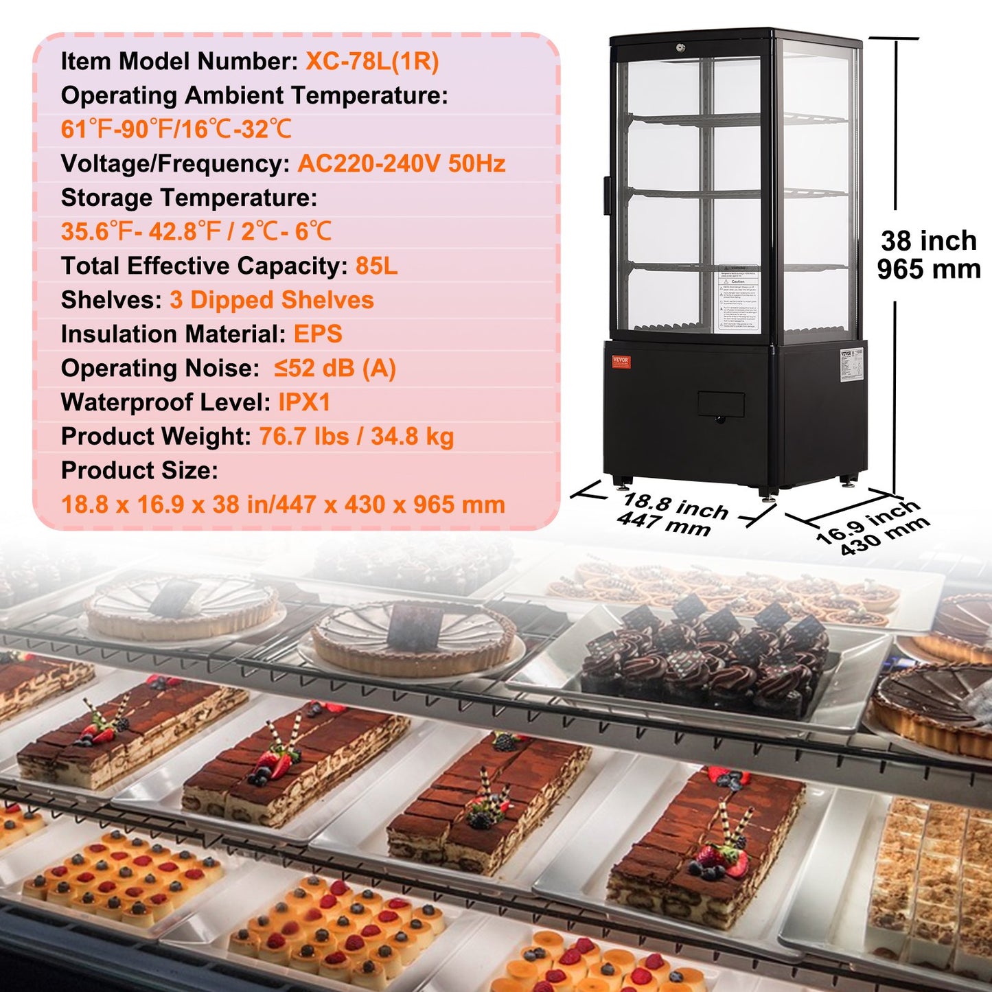 Kylskåp Bakery Display Kylskåp 3 cu.ft/85L 3-nivå
