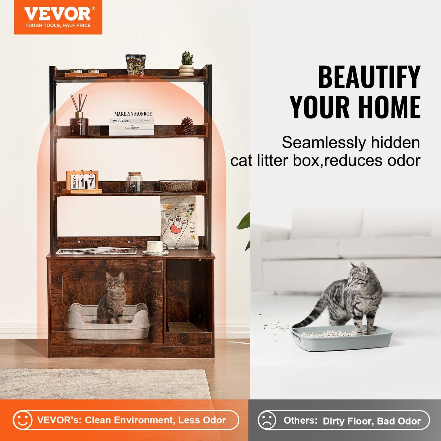 Cat litter cabinet, wooden litter box furniture hidden with 3 shelves