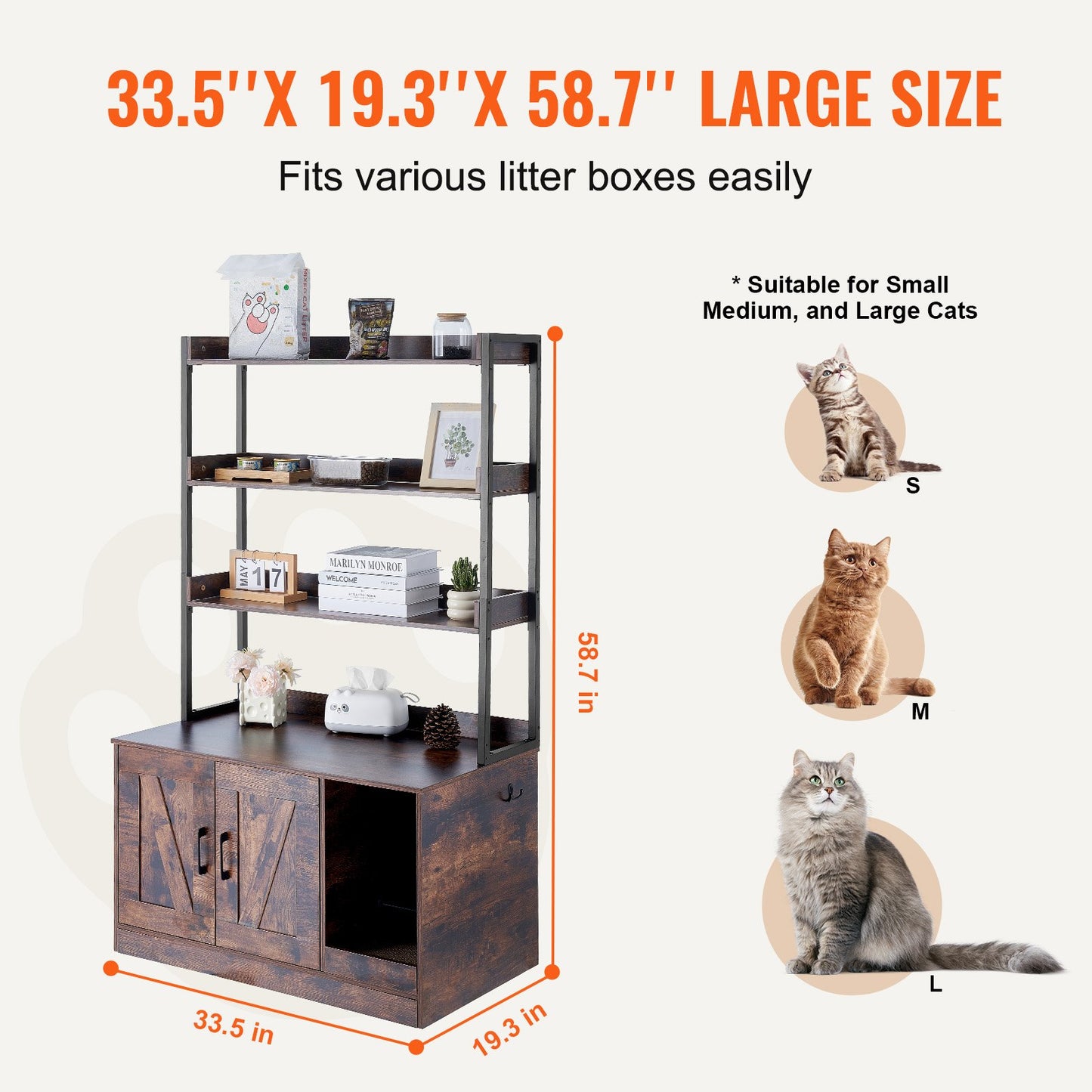 Cat litter cabinet, wooden litter box furniture hidden with 3 shelves