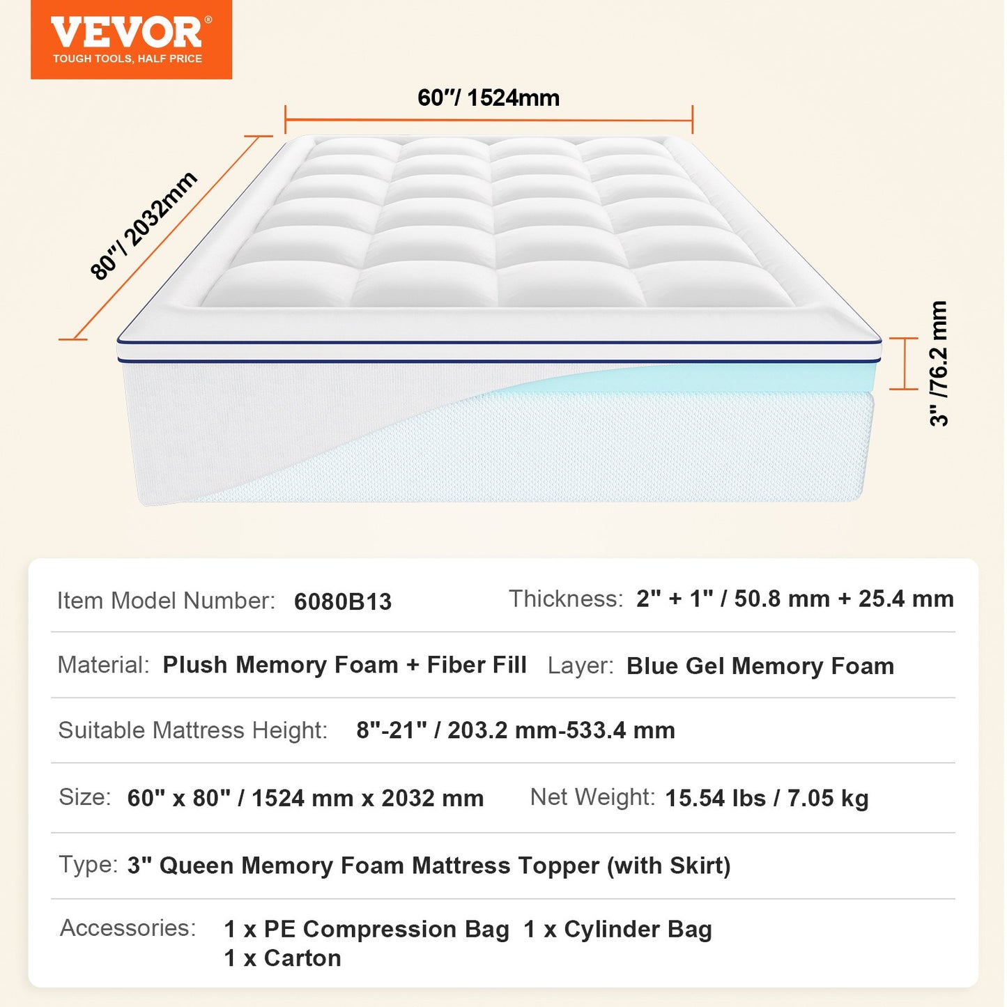 Madrass Topper Premium Memory Foam Fiber Fill Queen 76,2 mm Tjocklek