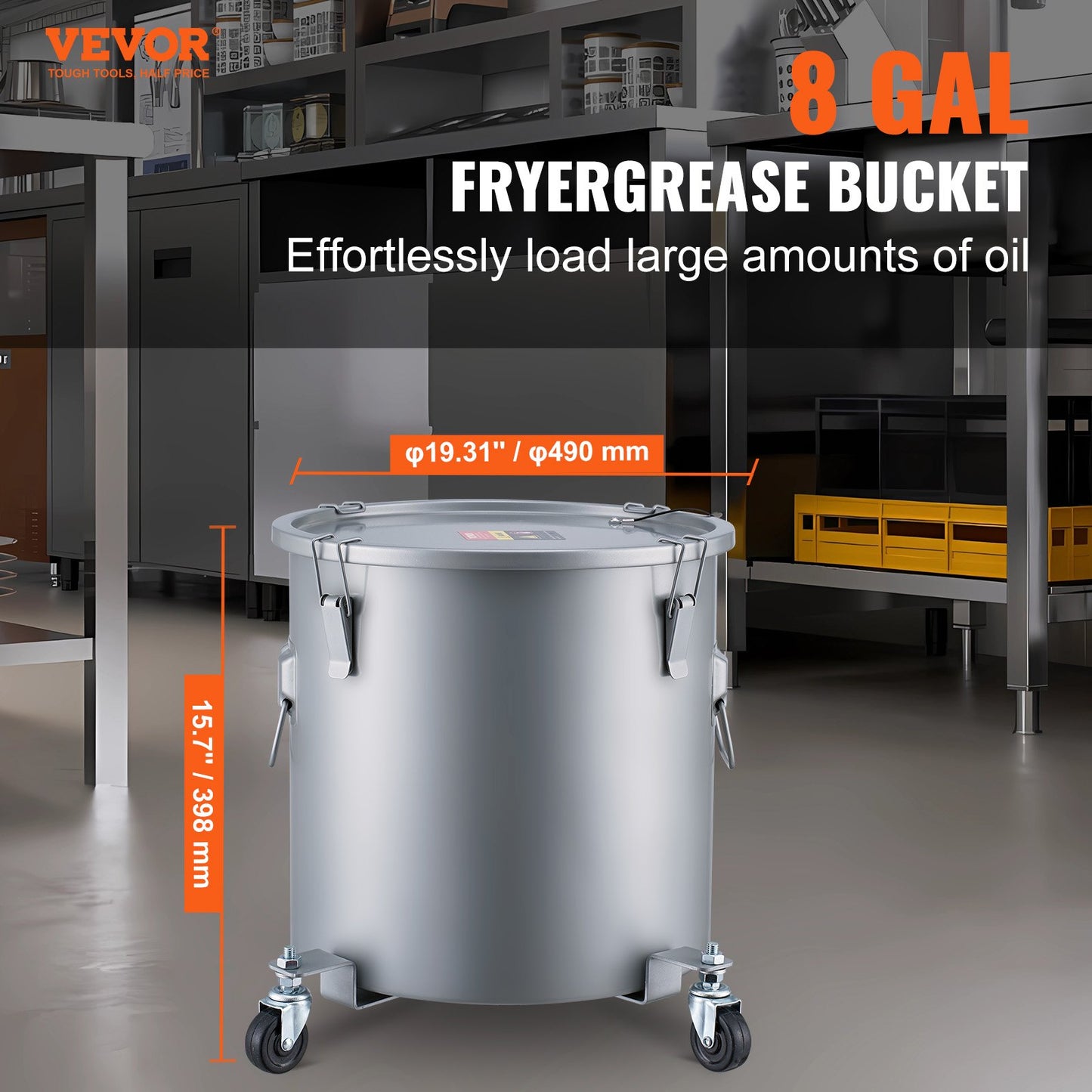 Frittierfetteimer, 8-Gallonen-Ölentsorgungsbehälter mit Rollensockel, Kohlenstoffstahl mit rostfreier Beschichtung, Öltransportbehälter mit Deckel, Verschlussklammern, Filterbeutel zur Filtration von heißem Speiseöl, Grau