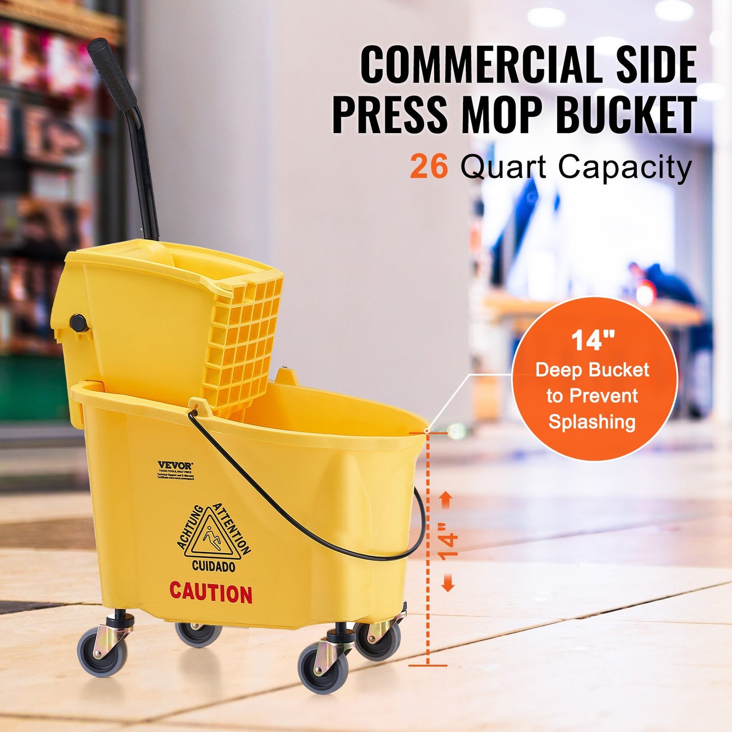 Mopphink med Wringer, 26 Qt. Kommersiell moppskopa med sidopressvridare, sidopressmoppskopa och wringerkombination på hjul, för professionell/industriell/affärsgolvrengöring, gul