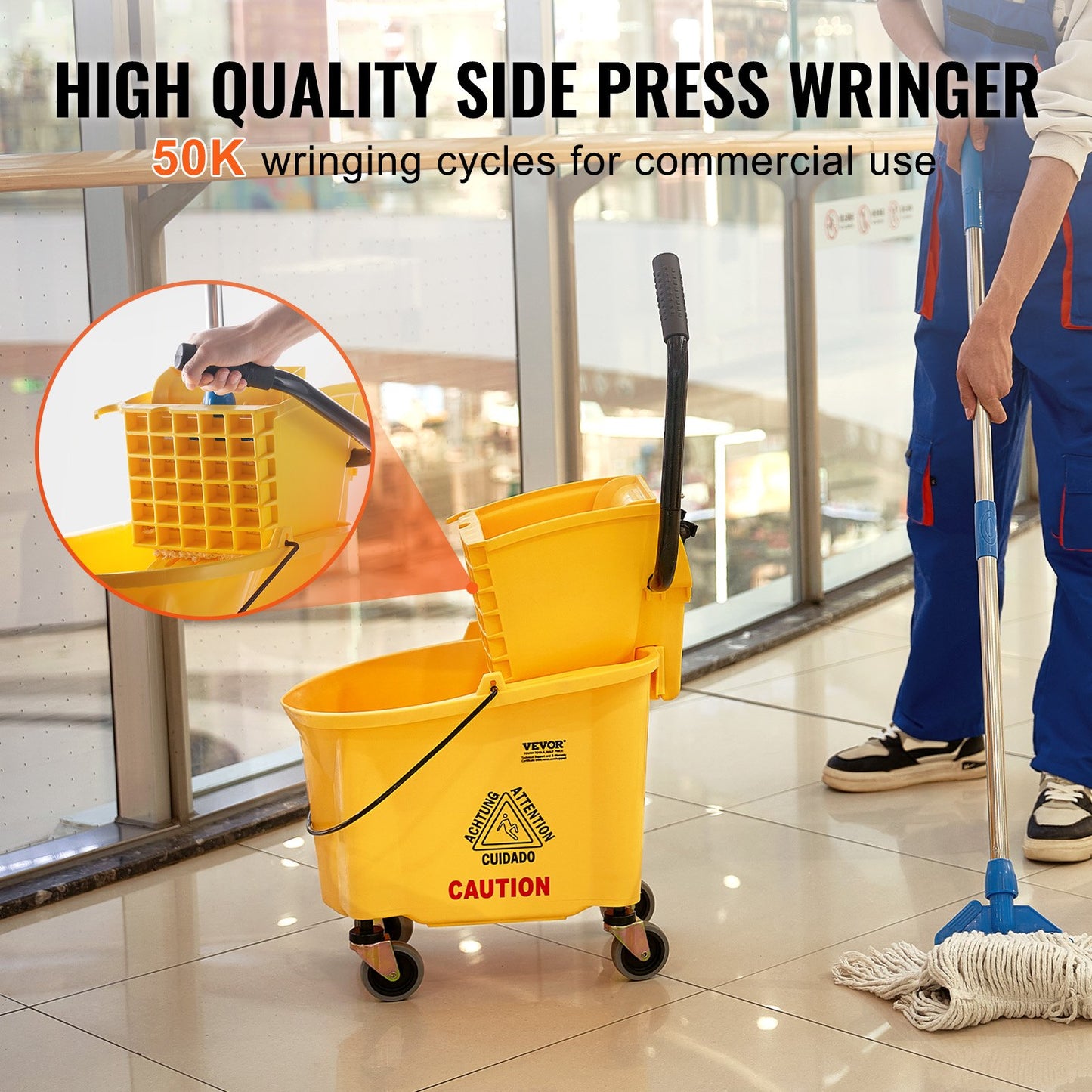 Mopphink med Wringer, 26 Qt. Kommersiell moppskopa med sidopressvridare, sidopressmoppskopa och wringerkombination på hjul, för professionell/industriell/affärsgolvrengöring, gul