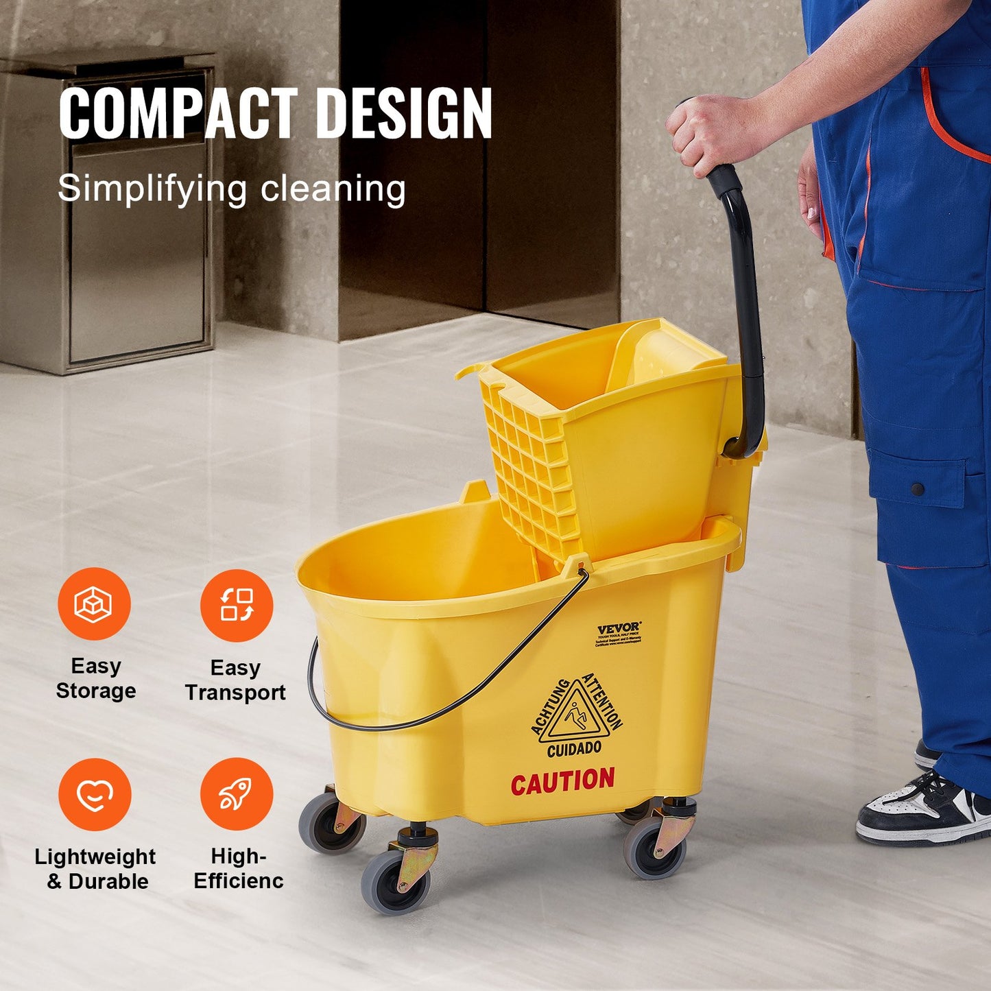 Mopphink med Wringer, 26 Qt. Kommersiell moppskopa med sidopressvridare, sidopressmoppskopa och wringerkombination på hjul, för professionell/industriell/affärsgolvrengöring, gul