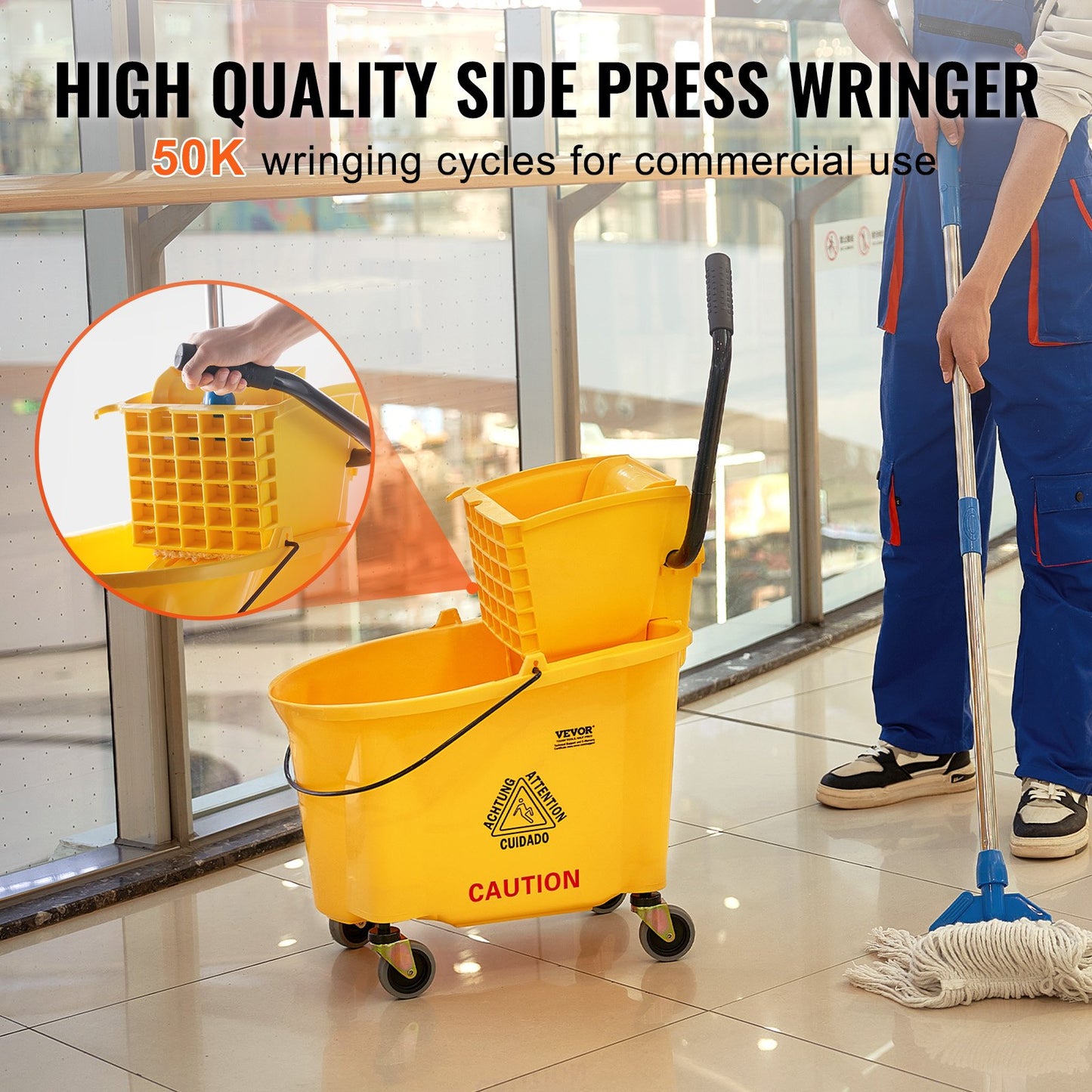 Wischeimer mit Wringer, 35 Qt. Gewerblicher Wischeimer mit seitlicher Wringer-Kombination auf Rädern, für die professionelle/industrielle/gewerbliche Bodenreinigung, Gelb