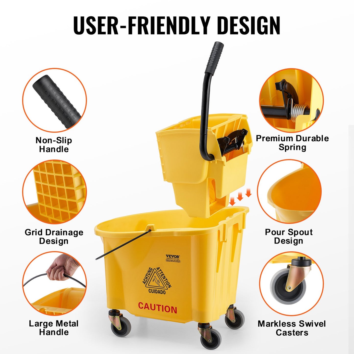 Wischeimer mit Wringer, 35 Qt. Gewerblicher Wischeimer mit seitlicher Wringer-Kombination auf Rädern, für die professionelle/industrielle/gewerbliche Bodenreinigung, Gelb