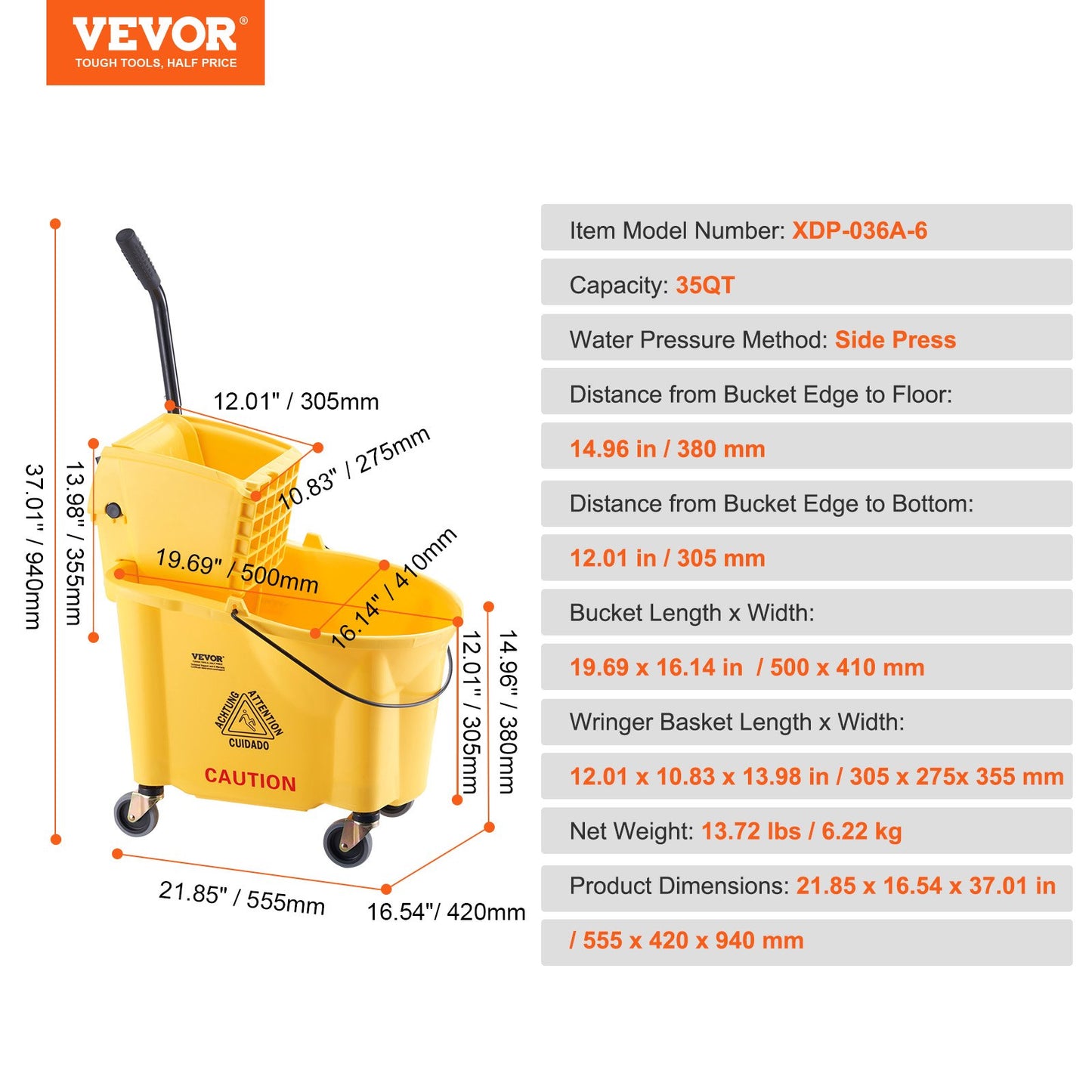 Wischeimer mit Wringer, 35 Qt. Gewerblicher Wischeimer mit seitlicher Wringer-Kombination auf Rädern, für die professionelle/industrielle/gewerbliche Bodenreinigung, Gelb