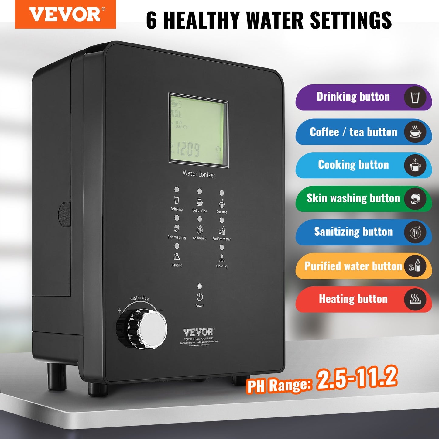 Alkaline Water Ionizer Machine, pH 3-11,2 Alkaline Acidic Hydrogen Water Purifier, 6 vatteninställningar Hemfiltreringssystem, Upp till -800mV ORP, 9000L per filter, UV-funktion, vattenuppvärmning
