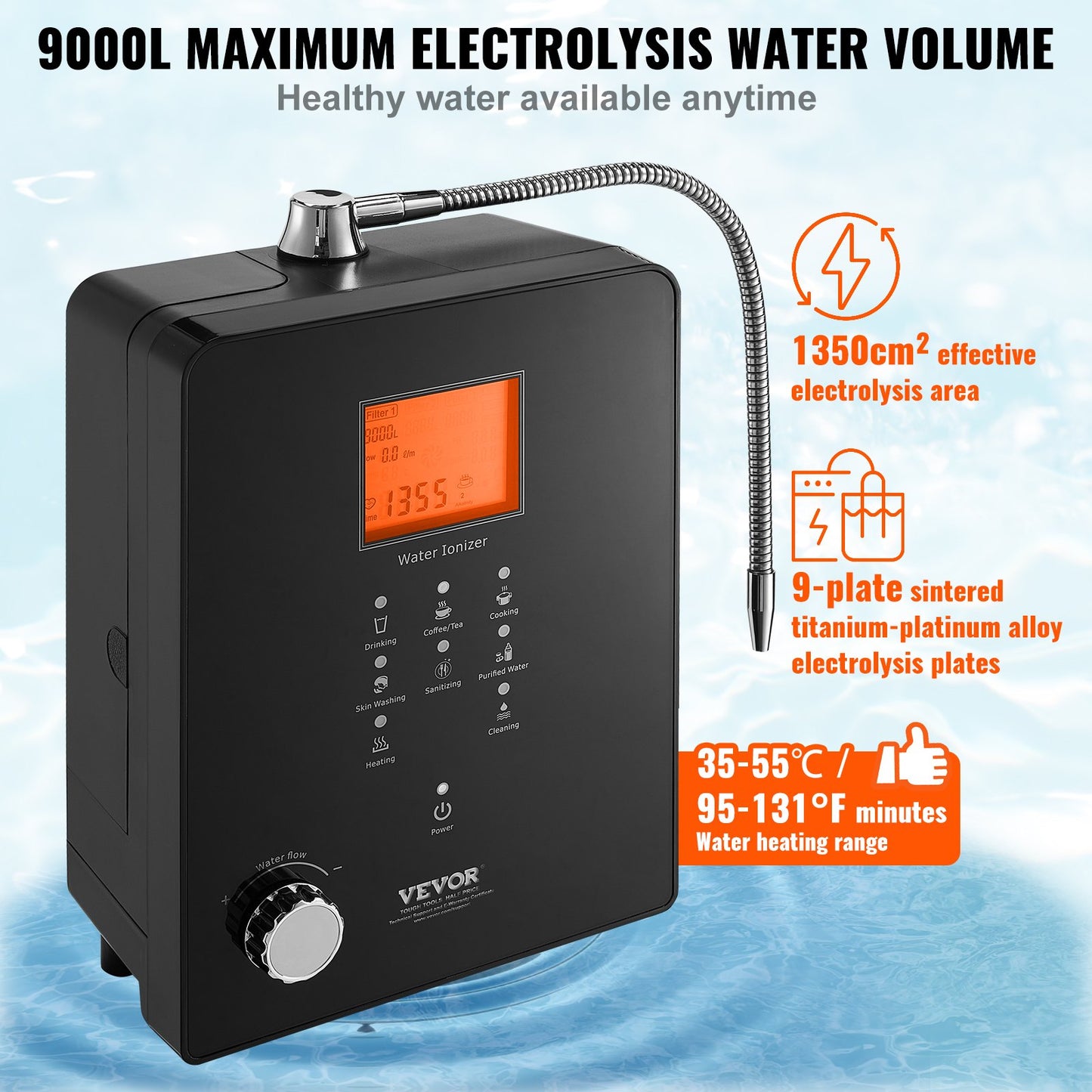 Alkaline Water Ionizer Machine, pH 3-11,2 Alkaline Acidic Hydrogen Water Purifier, 6 vatteninställningar Hemfiltreringssystem, Upp till -800mV ORP, 9000L per filter, UV-funktion, vattenuppvärmning