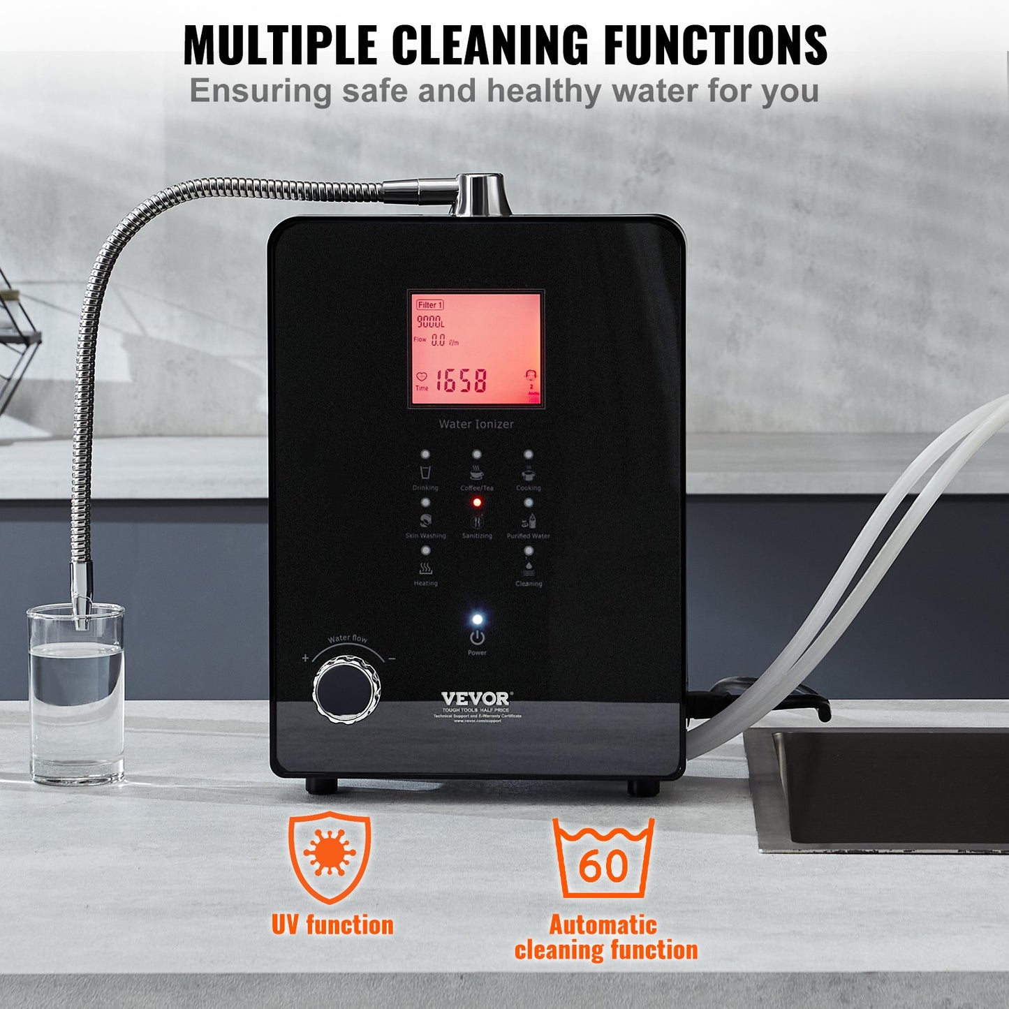 Alkaline Water Ionizer Machine, pH 3-11,2 Alkaline Acidic Hydrogen Water Purifier, 6 vatteninställningar Hemfiltreringssystem, Upp till -800mV ORP, 9000L per filter, UV-funktion, vattenuppvärmning