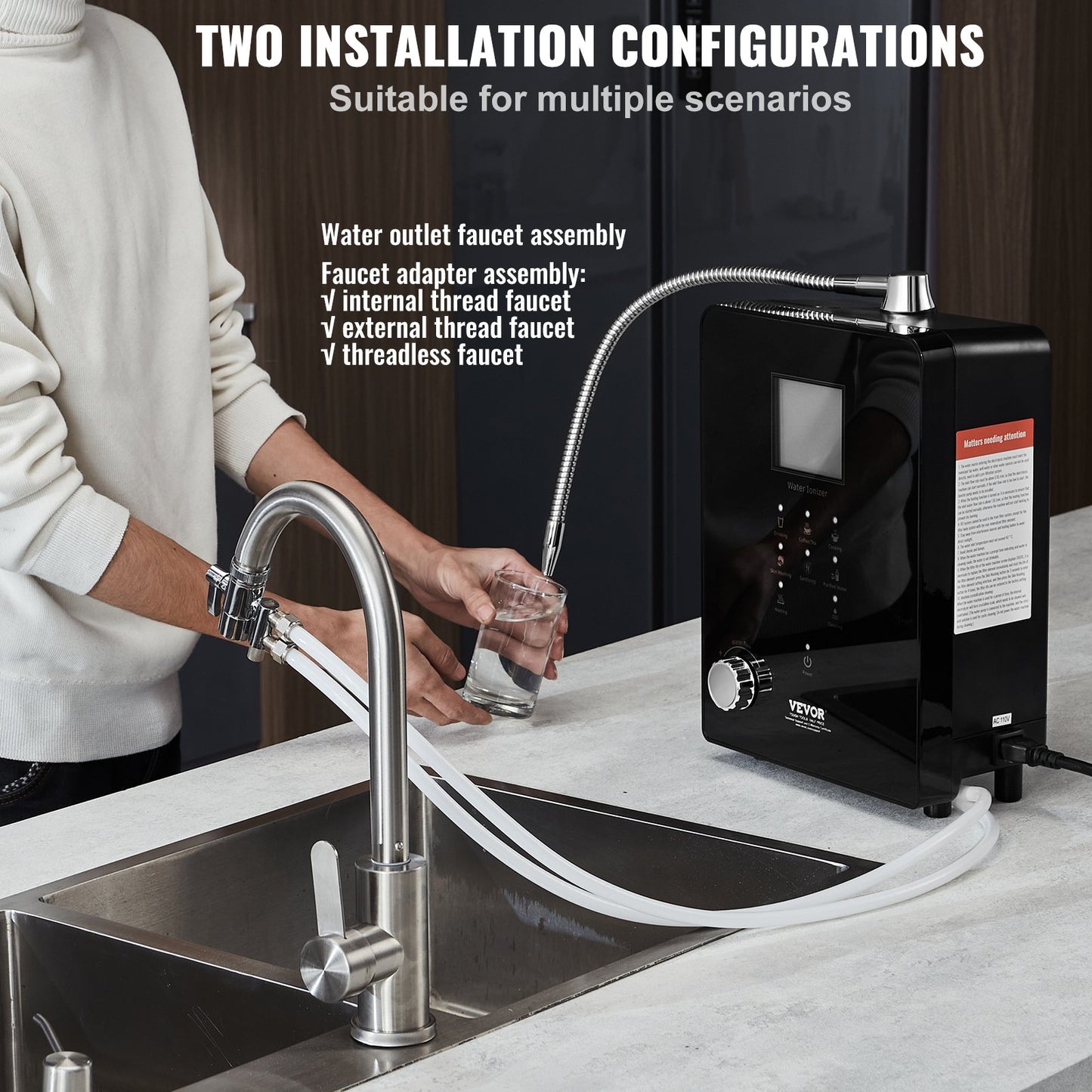 Alkaline Water Ionizer Machine, pH 3-11,2 Alkaline Acidic Hydrogen Water Purifier, 6 vatteninställningar Hemfiltreringssystem, Upp till -800mV ORP, 9000L per filter, UV-funktion, vattenuppvärmning