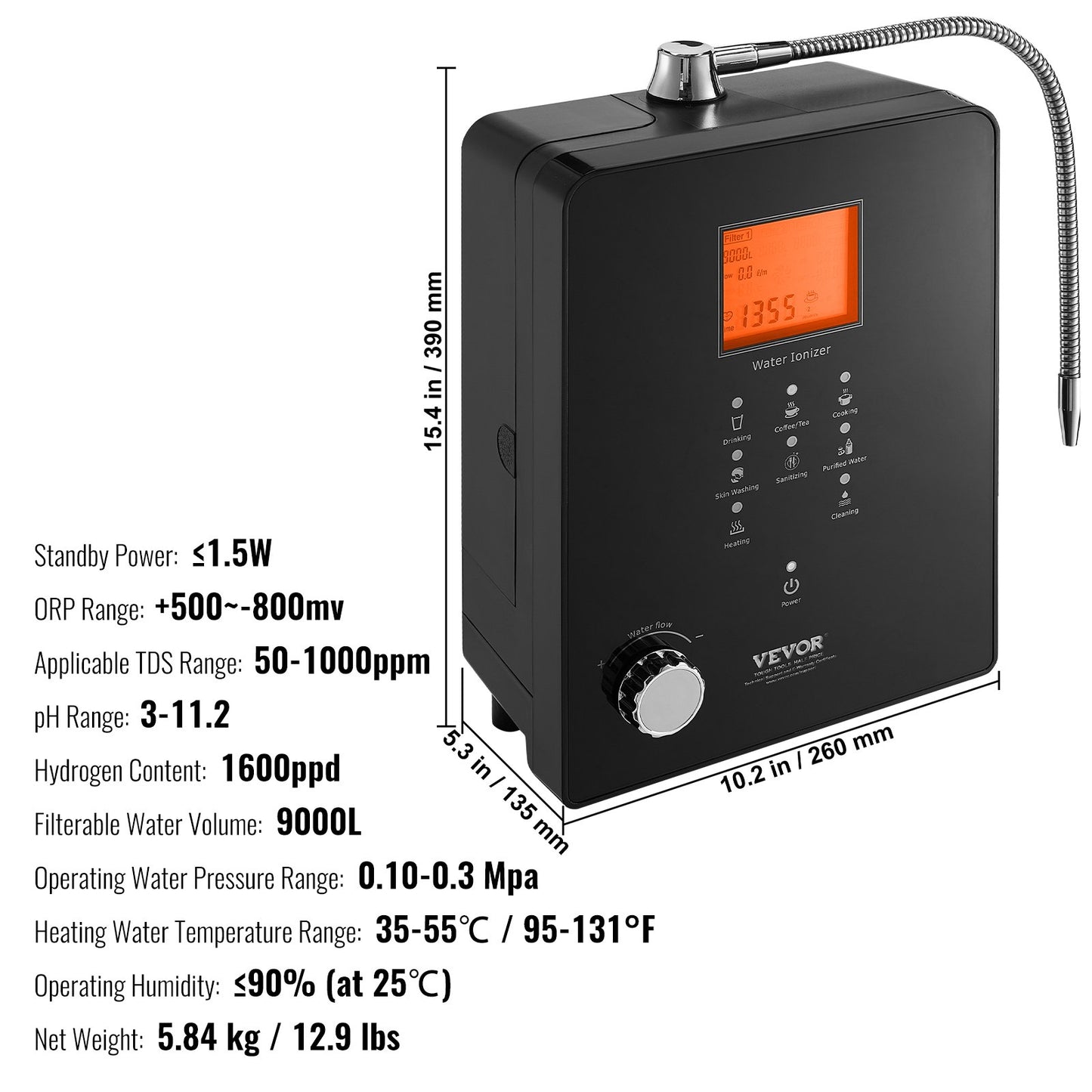 Alkaline Water Ionizer Machine, pH 3-11,2 Alkaline Acidic Hydrogen Water Purifier, 6 vatteninställningar Hemfiltreringssystem, Upp till -800mV ORP, 9000L per filter, UV-funktion, vattenuppvärmning