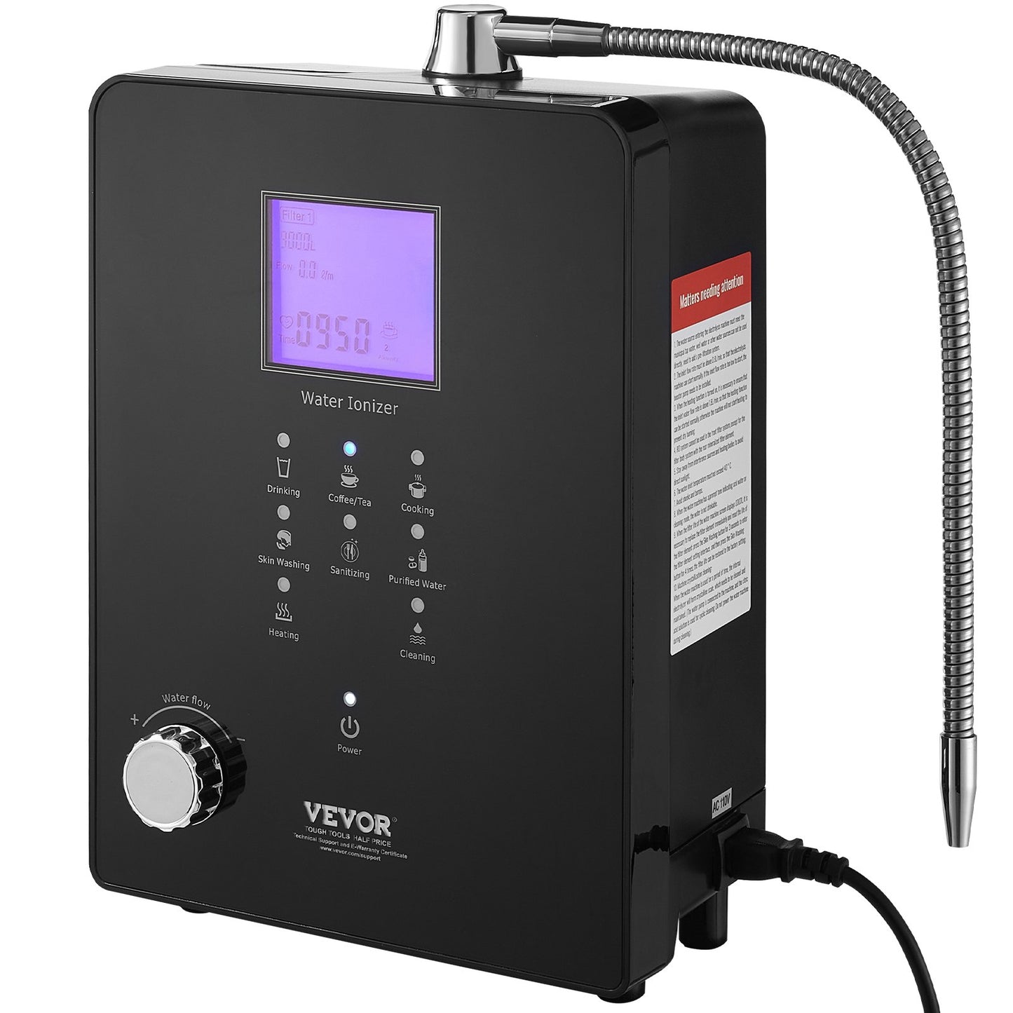 Alkaline Water Ionizer Machine, pH 3-11,2 Alkaline Acidic Hydrogen Water Purifier, 6 vatteninställningar Hemfiltreringssystem, Upp till -800mV ORP, 9000L per filter, UV-funktion, vattenuppvärmning