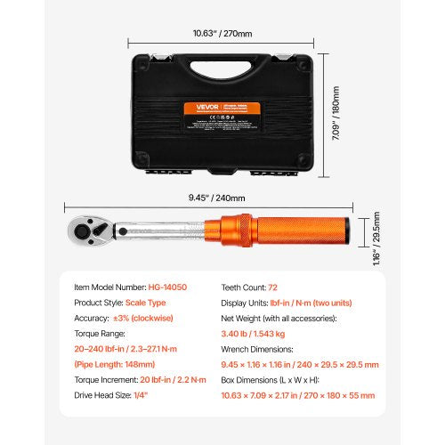 Click Momentnyckelsats 1/4-tums fattning 20-240 lbf-in/2,3-27,1 Nm Orange | EU