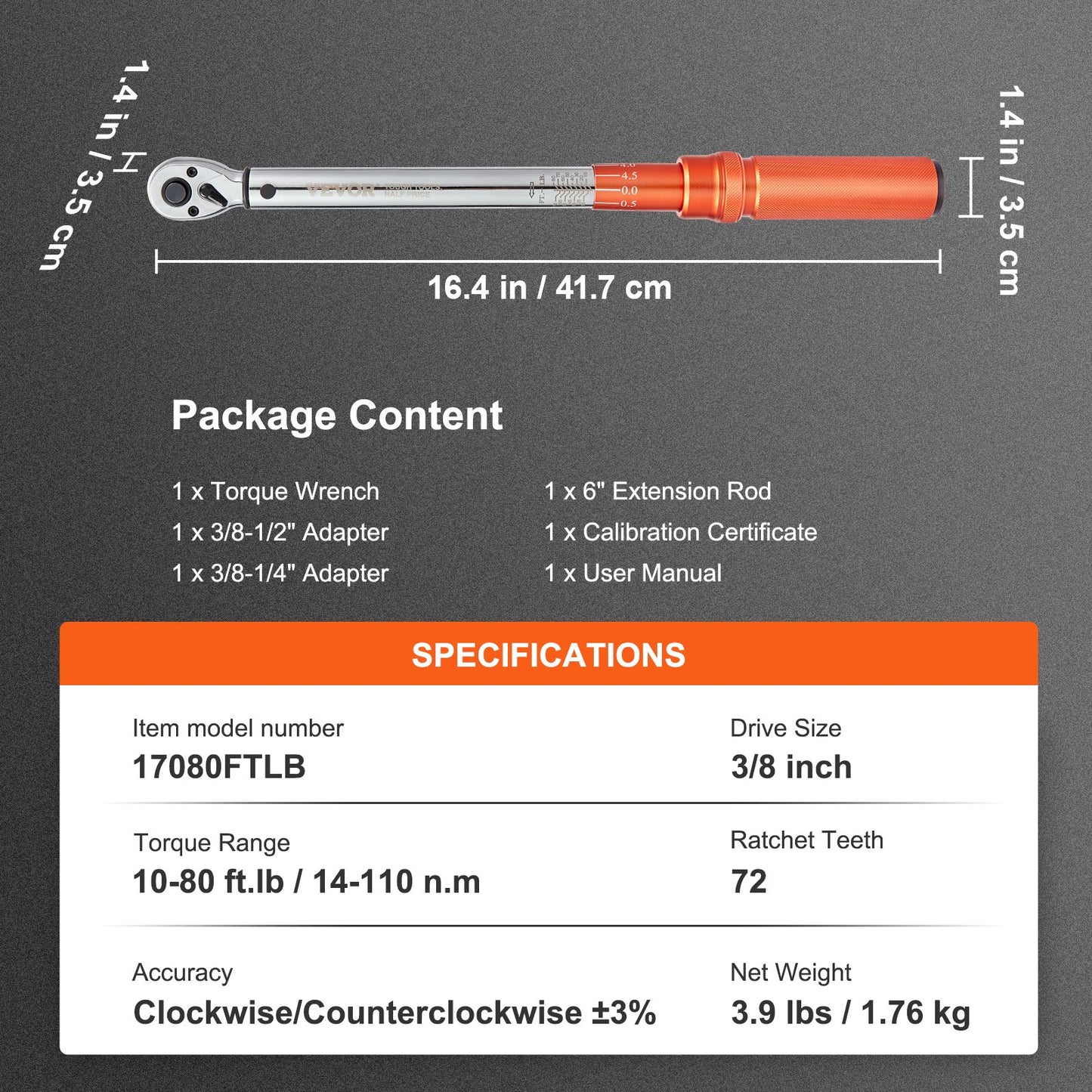 Drehmomentschlüssel, 3/8-Zoll-Antrieb, Klick-Drehmomentschlüssel, 10–80 ft.lb/14–110 Nm, bidirektional einstellbarer Drehmomentschlüsselsatz, mechanischer Drehmomentschlüsselsatz mit Doppelskala und Adapter-Verlängerungsstange