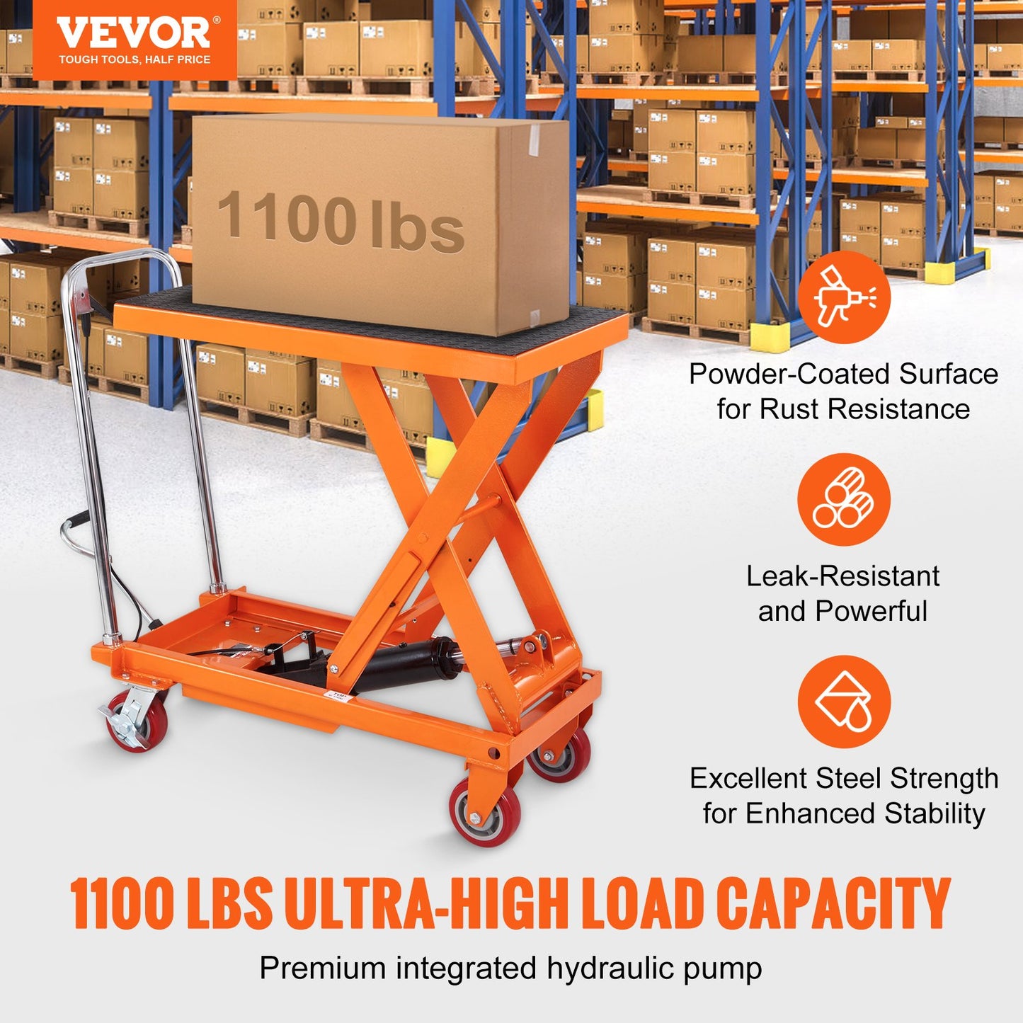 Hydraulic lift table cart, 1100lbs capacity 35.4" lift height, manual lift table with 4 wheels and non-slip pad, hydraulic scissor cart for material handling and transport