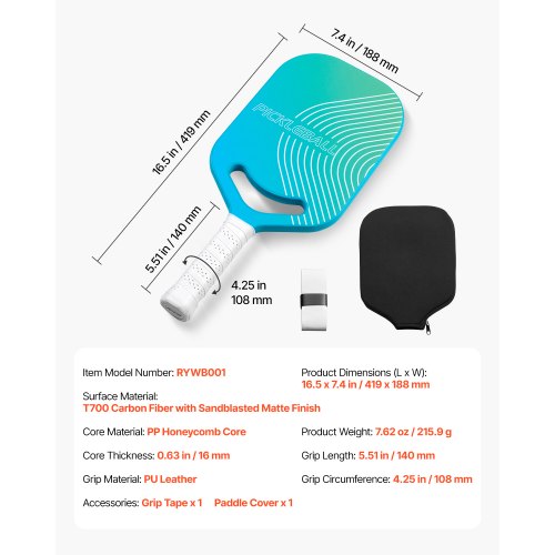 Pickleball-paddel med aerodynamisk hals, T700-kolfiberyta och bikakekärna, professionellt pickleball-paddel med ökad kraft, kontroll och spinn, pickleball-racket för vuxna, män och kvinnor | EU