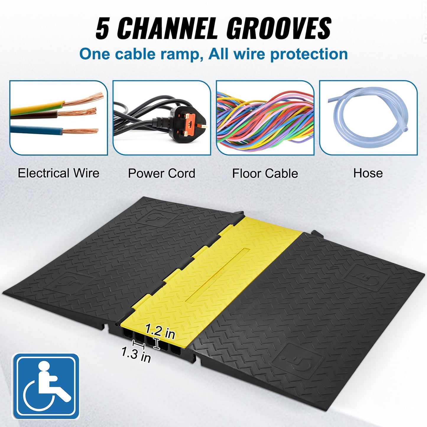 Gummikabelskyddsramp, 5-kanals, 22000 lbs/axel Kapacitet Heavy Duty Wire Cover Ramp Slang Sladd Ramp Uppfart, trafikfartshinder med flip-open topplock, ADA-kompatibel för inomhus och utomhus