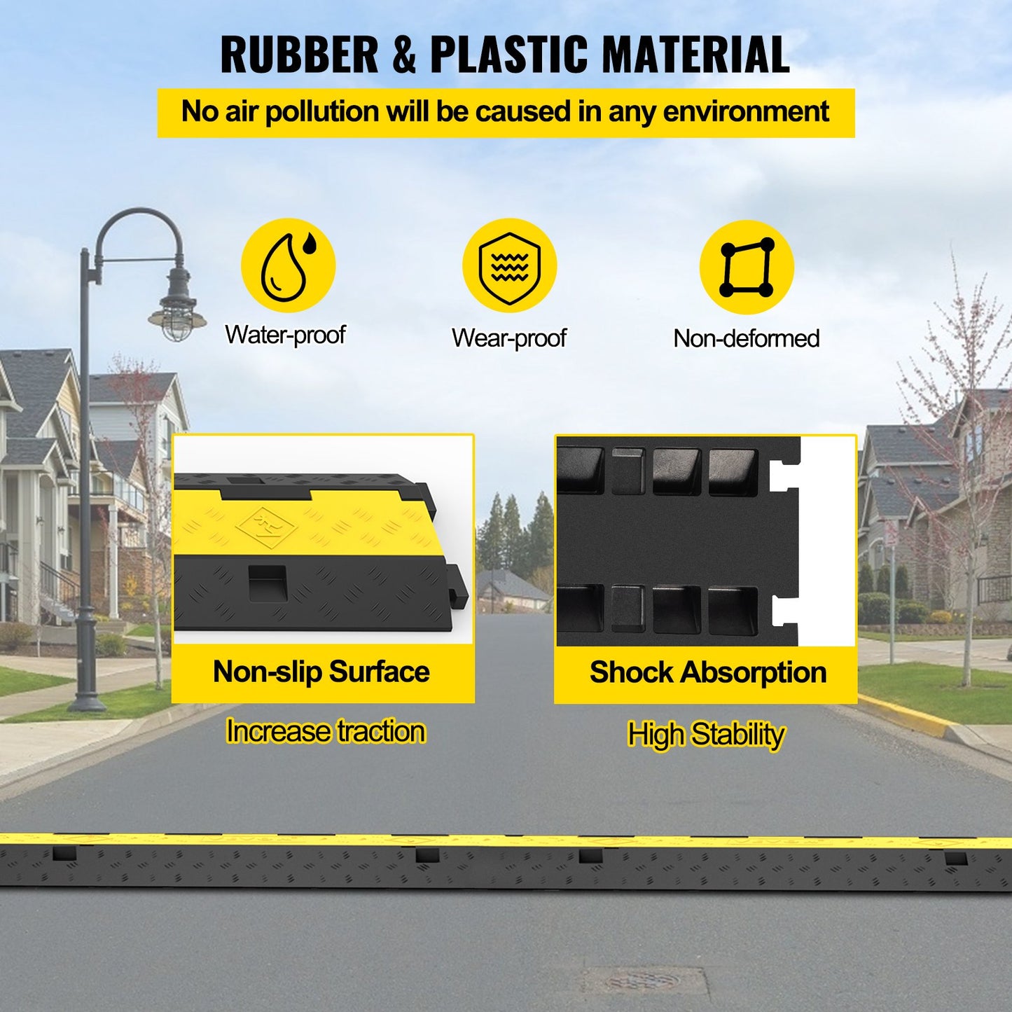 Cable Protection Ramp, 4 Pack 2 Channels Speed Bump, Rubber Modular Speed Barrier Rated 11000 LBS Load Capacity, Protective Wire Cord Ramp Driveway Rubber Traffic Speed Barriers Cable Protection