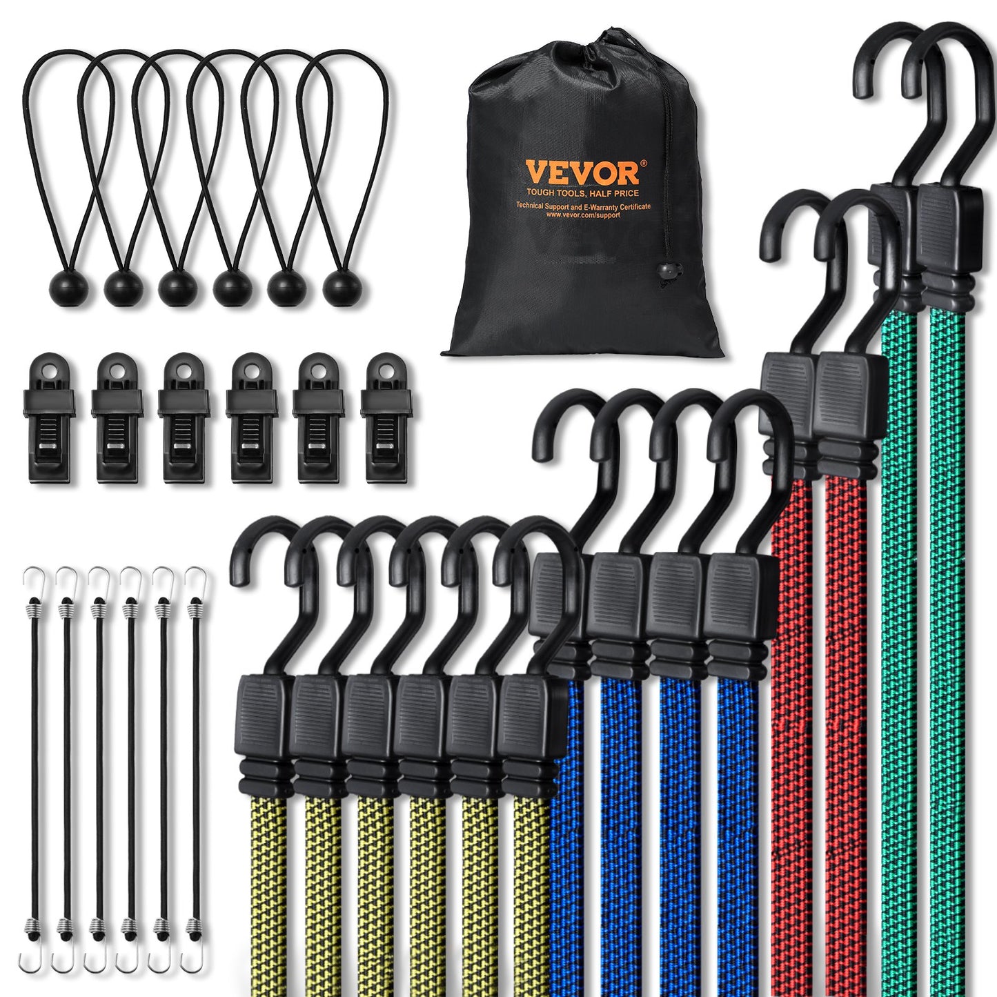 32 st Flat Bungee Cord Set 17 mm Heavy Duty Bungee Straps med J-krokar