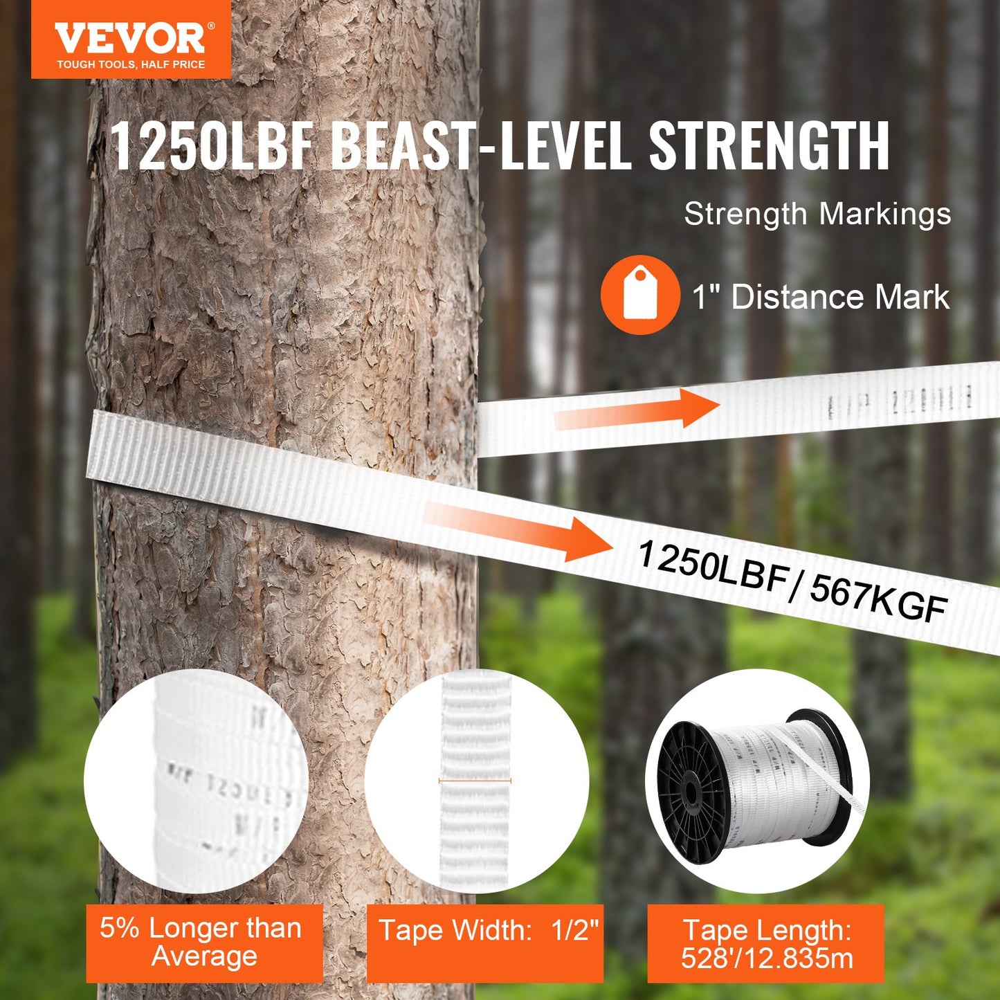 Polyester-Zugband, 1,27 cm x 1334 cm Mule Tape-Flachseil, 1250 lbf Zugkapazität, bedrucktes Stromkabel-Zugband für Verpackung, Gartenarbeit, gewerbliche Elektrik, Verdrahtungsarbeiten, weiß