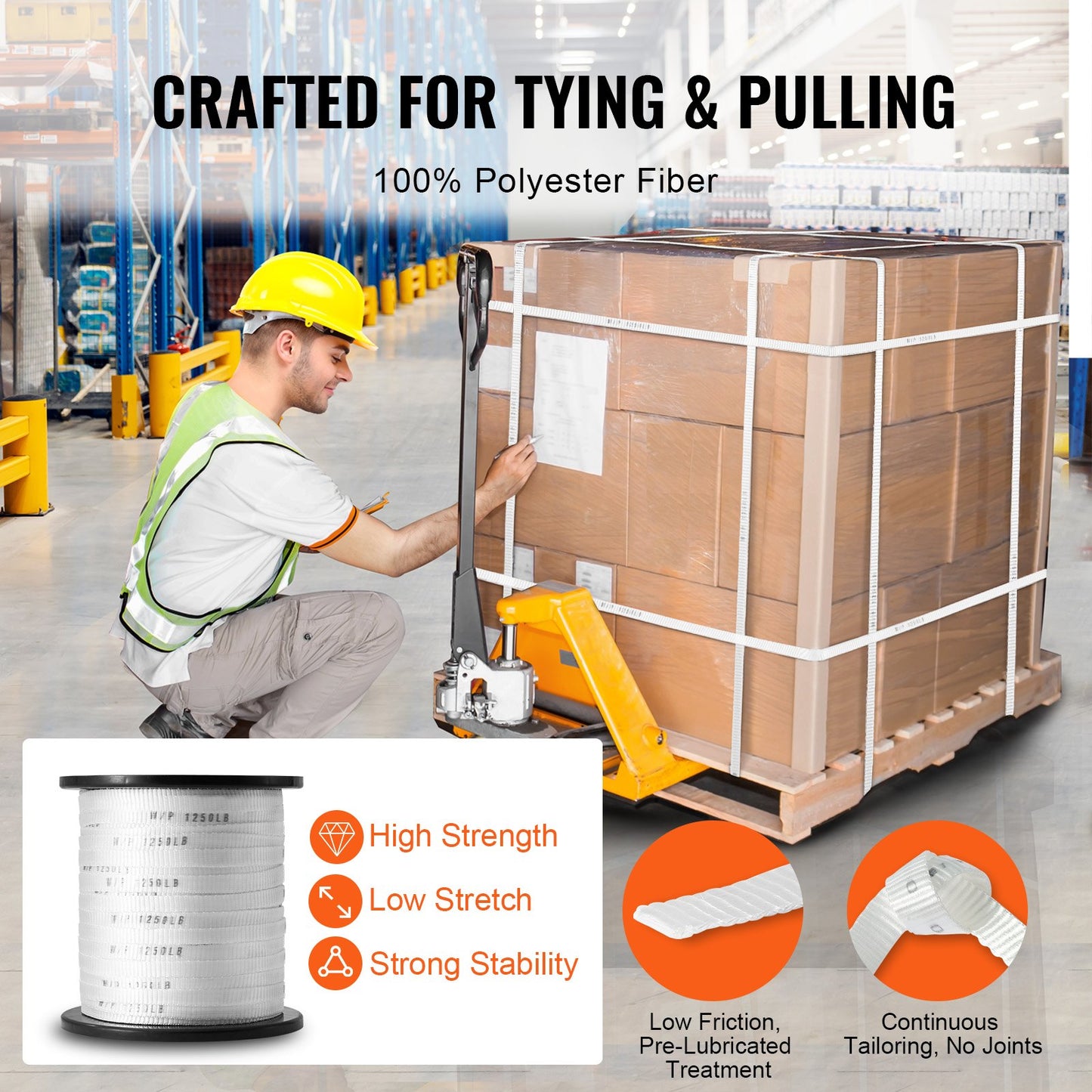 Polyester-Zugband, 1,27 cm x 1334 cm Mule Tape-Flachseil, 1250 lbf Zugkapazität, bedrucktes Stromkabel-Zugband für Verpackung, Gartenarbeit, gewerbliche Elektrik, Verdrahtungsarbeiten, weiß
