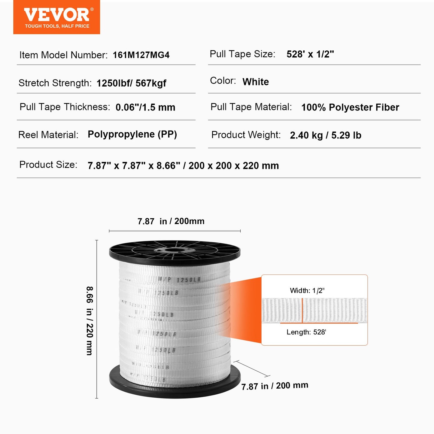 Polyester-Zugband, 1,27 cm x 1334 cm Mule Tape-Flachseil, 1250 lbf Zugkapazität, bedrucktes Stromkabel-Zugband für Verpackung, Gartenarbeit, gewerbliche Elektrik, Verdrahtungsarbeiten, weiß