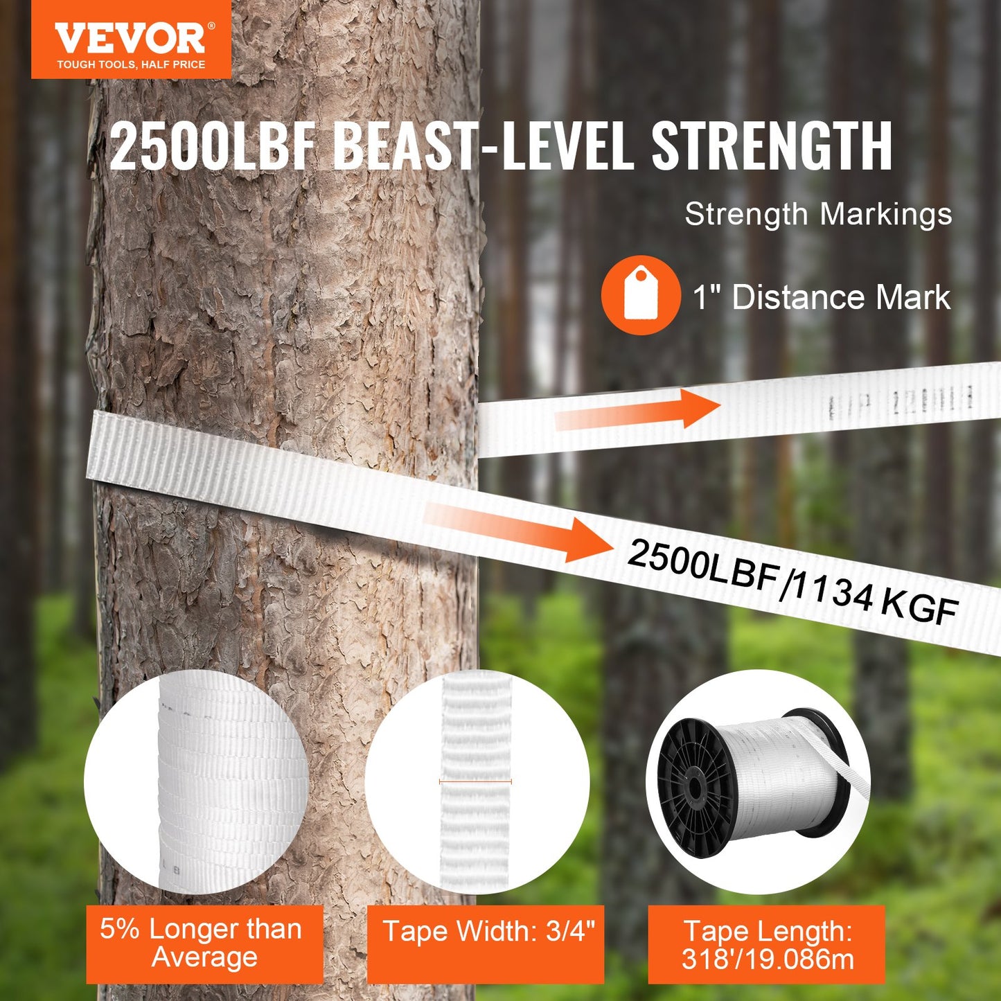 Polyester-Zugband, 3/4" x 318" Mule Tape-Flachseil, 2500 lbf Zugkapazität, bedrucktes Stromkabel-Zugband für Verpackung, Gartenarbeit, gewerbliche Elektrik, Verdrahtungsarbeiten, weiß