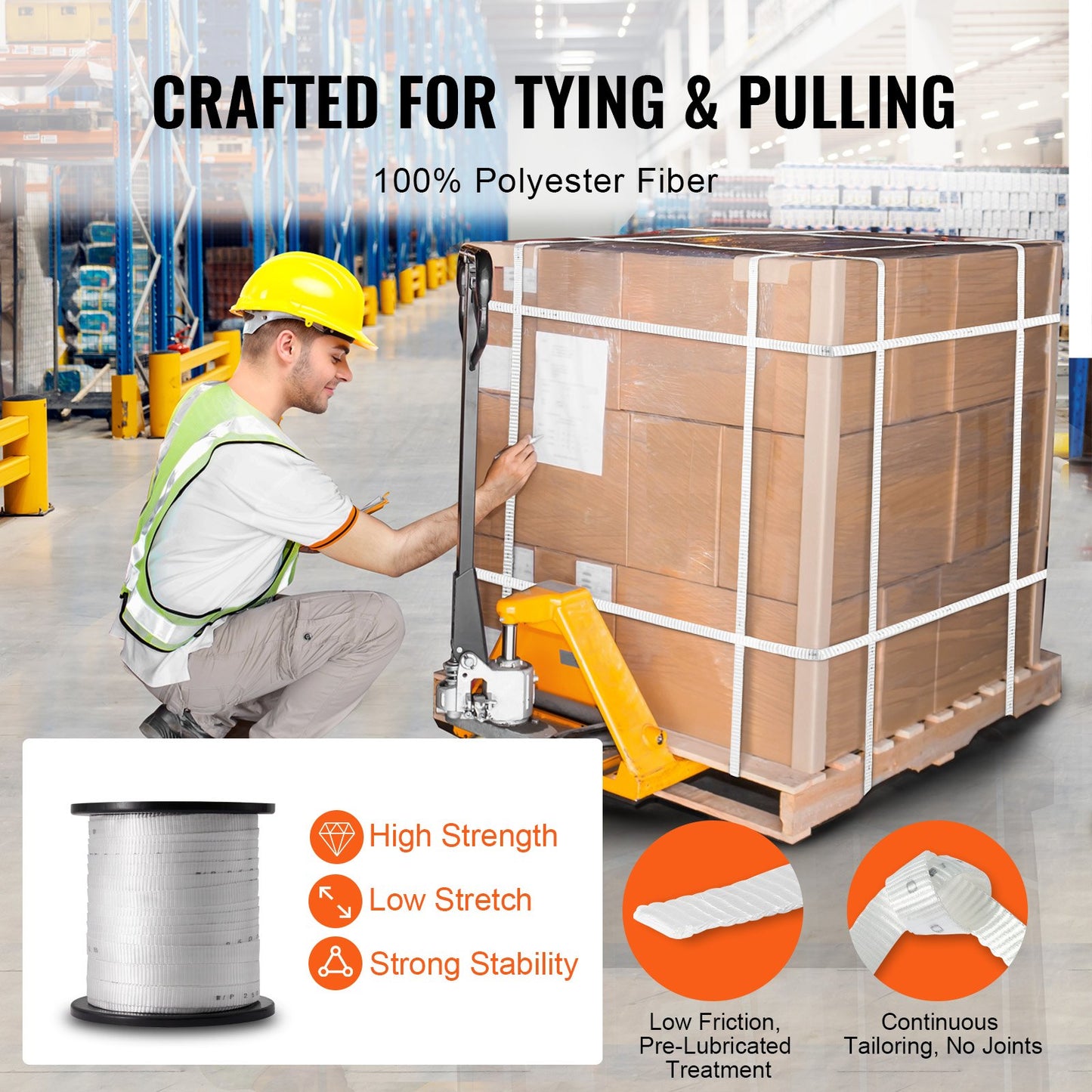Polyester-Zugband, 3/4" x 318" Mule Tape-Flachseil, 2500 lbf Zugkapazität, bedrucktes Stromkabel-Zugband für Verpackung, Gartenarbeit, gewerbliche Elektrik, Verdrahtungsarbeiten, weiß
