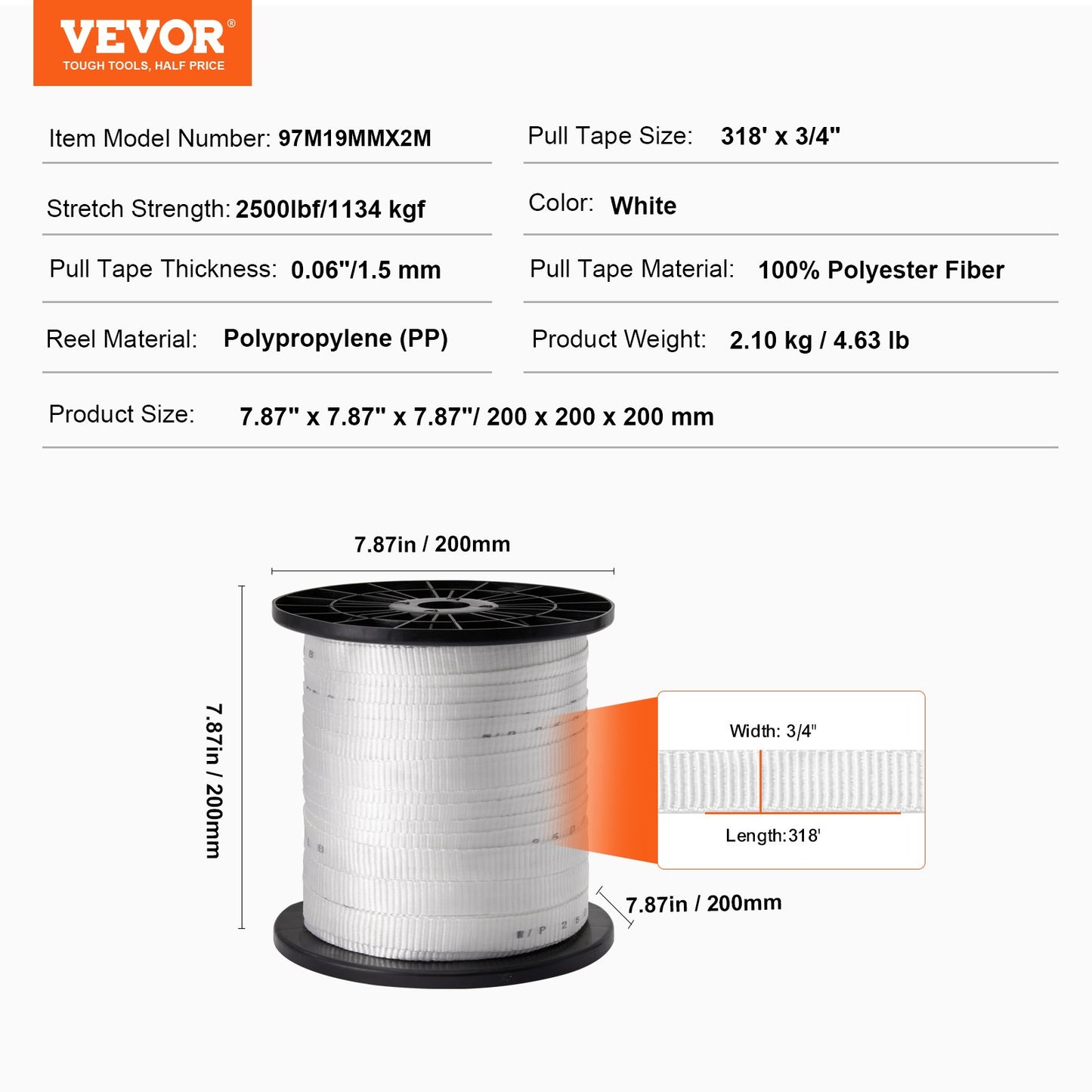 Polyester-Zugband, 3/4" x 318" Mule Tape-Flachseil, 2500 lbf Zugkapazität, bedrucktes Stromkabel-Zugband für Verpackung, Gartenarbeit, gewerbliche Elektrik, Verdrahtungsarbeiten, weiß