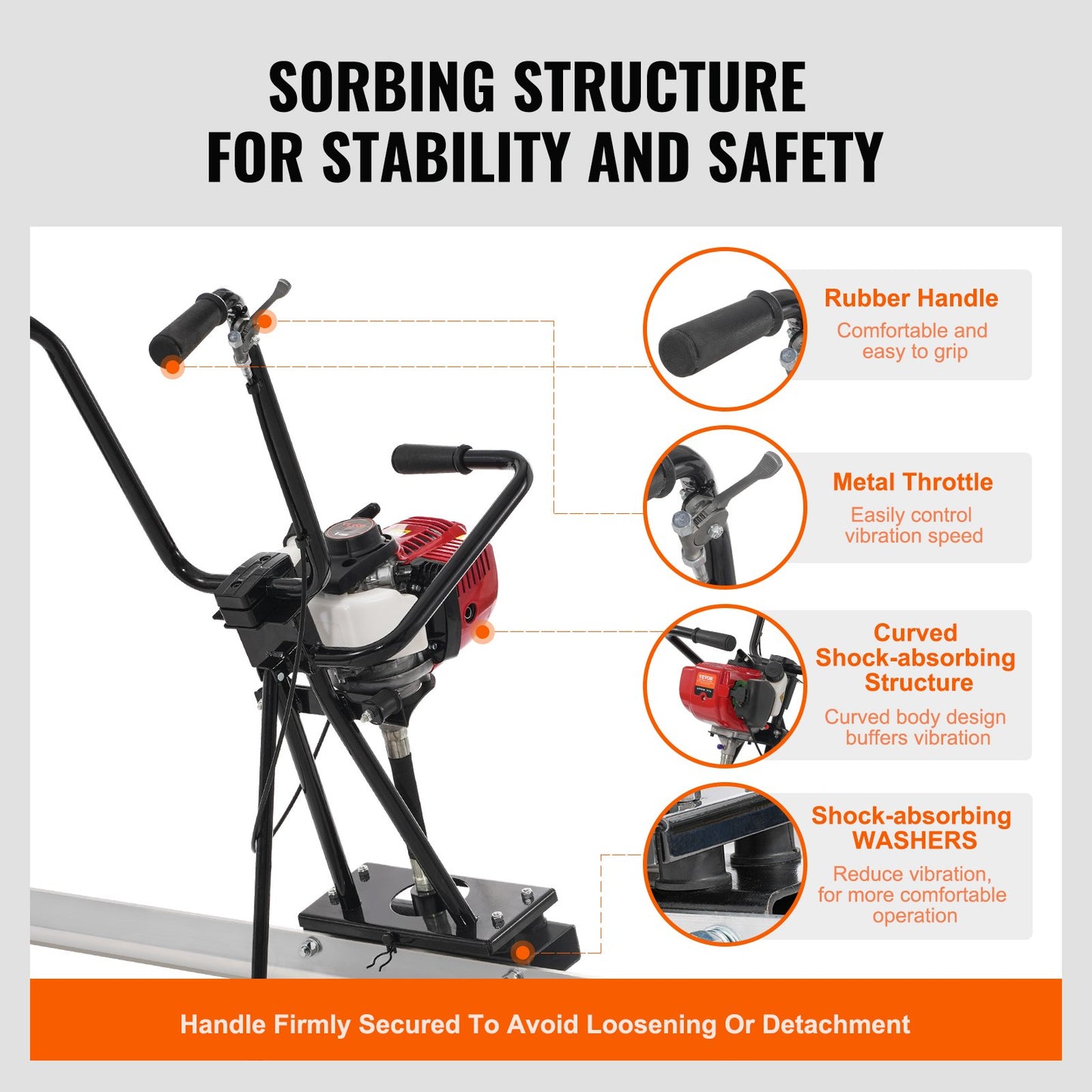 Gas Betong Power Screed, med 2445 mm aluminiumskiva med rak kantstång, 4-takts cementfinishing vibrerande motor med höjdjusterbara handtag, högeffektiva betongverktyg 6500 rpm