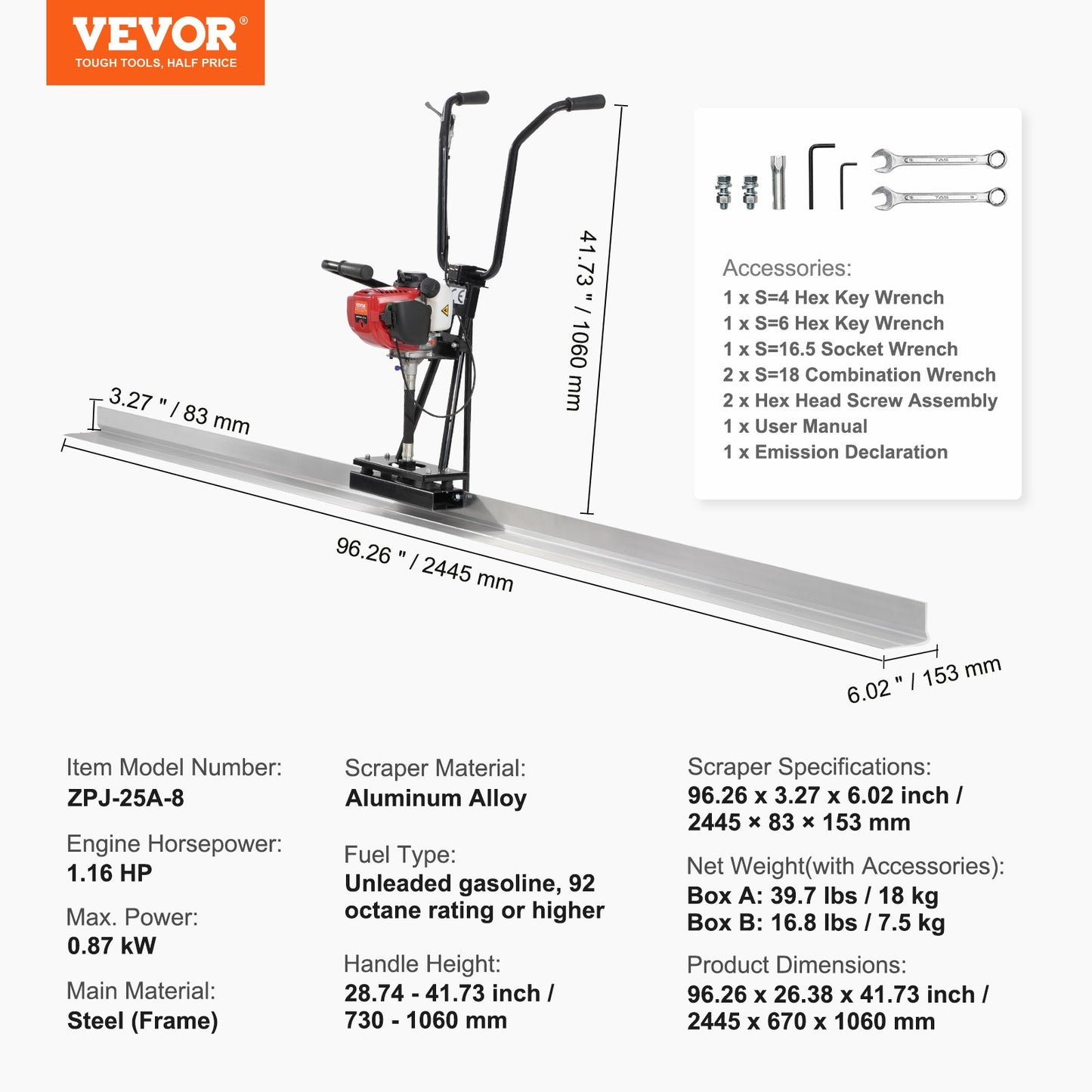 Gas Betong Power Screed, med 2445 mm aluminiumskiva med rak kantstång, 4-takts cementfinishing vibrerande motor med höjdjusterbara handtag, högeffektiva betongverktyg 6500 rpm