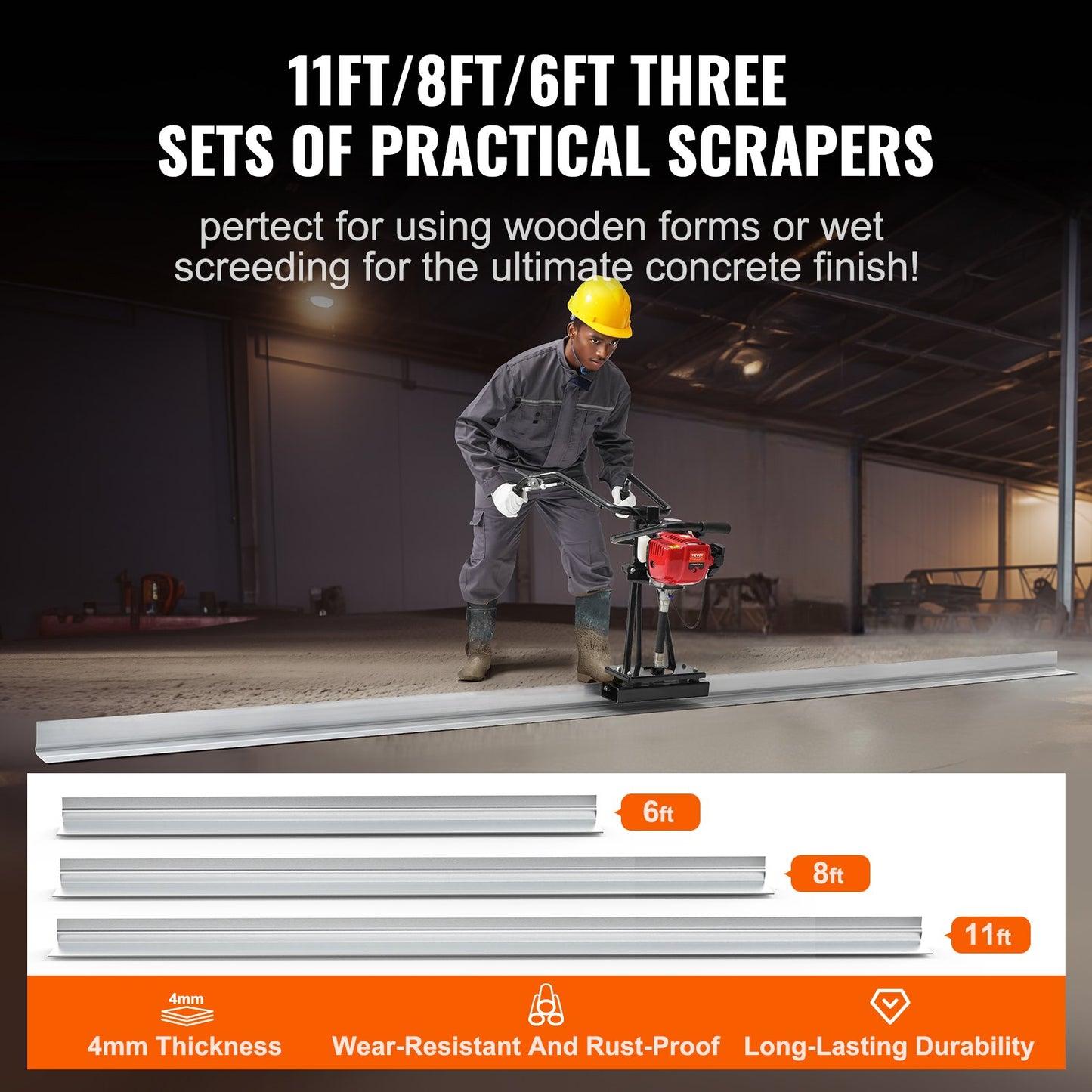 Gas Betong Power Screed, 6ft/8ft/11ft aluminiumskiva rakkantsstångssats, 4-takts cementfinishing Vibrerande motor med höjdjusterbara handtag, högeffektiva betongverktyg 6500 rpm