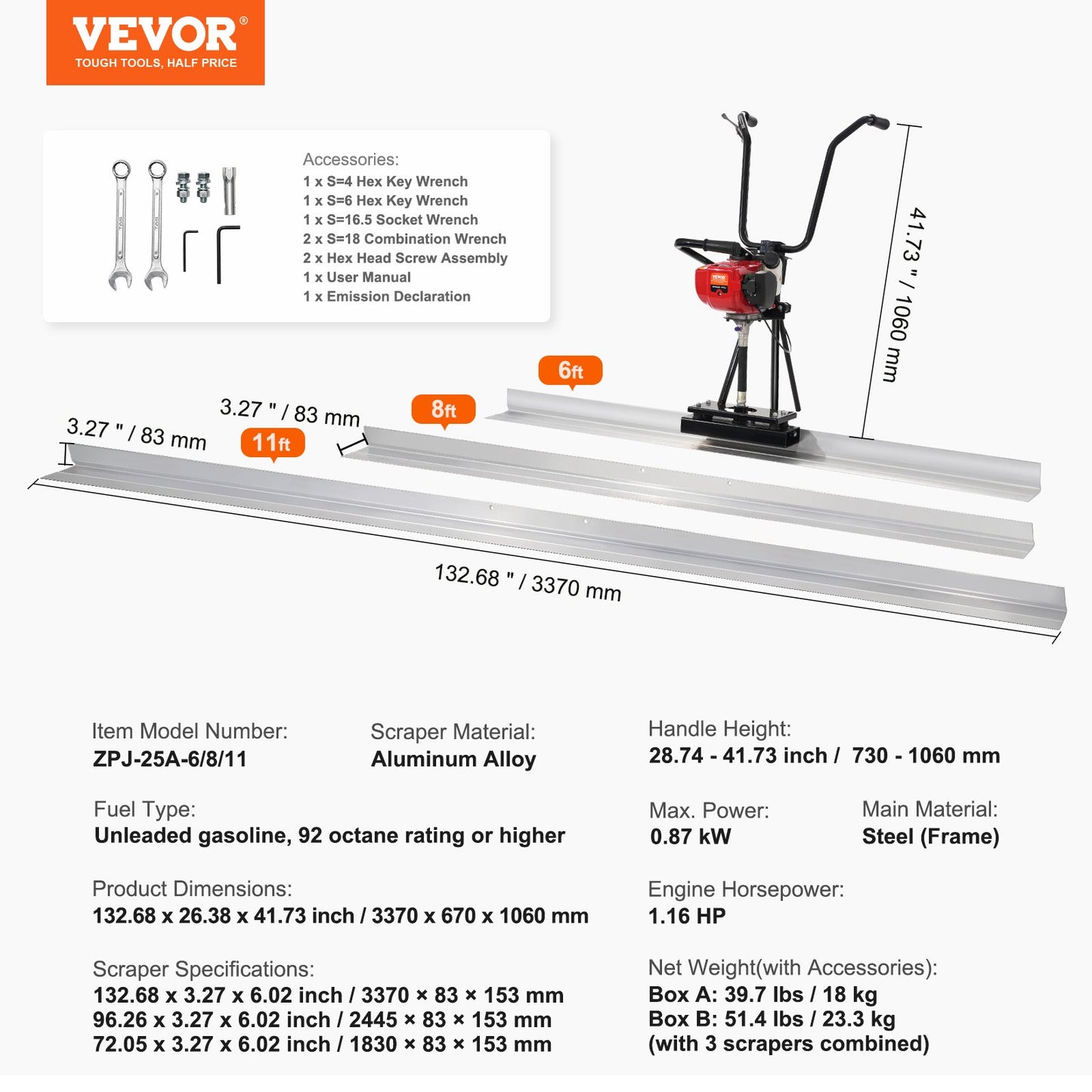 Gas Betong Power Screed, 6ft/8ft/11ft aluminiumskiva rakkantsstångssats, 4-takts cementfinishing Vibrerande motor med höjdjusterbara handtag, högeffektiva betongverktyg 6500 rpm