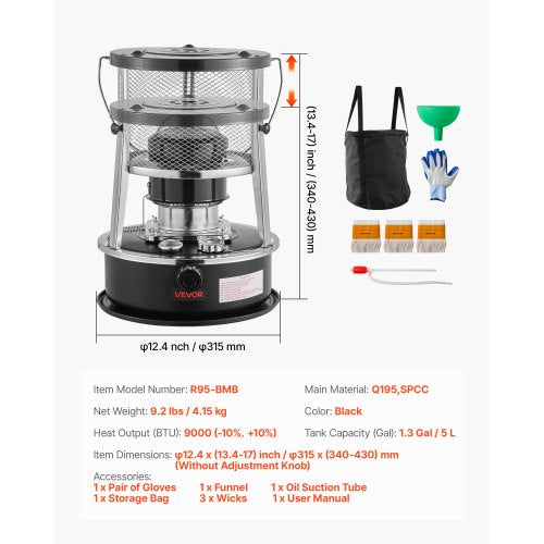9000 BTU bärbar fotogenvärmare och spis, 2-i-1 icke-elektrisk inomhus- och utomhusvärmare med justerbar höjd och låga och enkel förvaring, för camping, jakt, matlagning, hem, garage, svart | EU