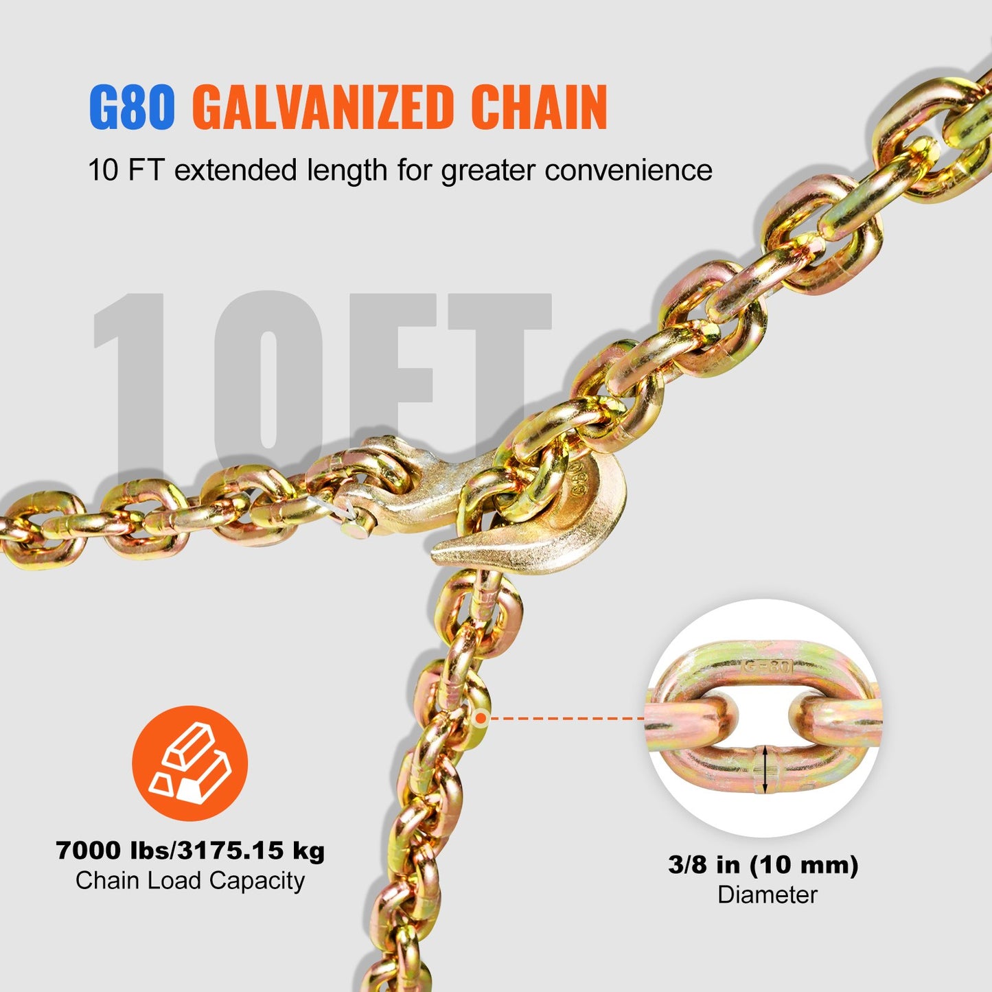 Chain and binder kit 3/8"-1/2" ratchet tie down 3/8" x 10" chain 2 pack