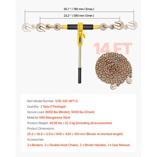 Ratchet Chain Tie Down 5/16 inch x 14 ft G80 Chains Cargo Tie Downs for Transportation | EU