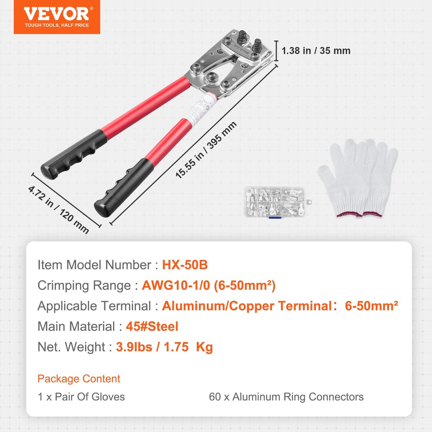 Crimpzange für Batteriekabelhaken, 10-1/0AWG Aluminiumklemmen-Batteriestecker-Crimpzange, mit 60 Aluminiumringkontaktklemmen, Crimpeinsatz in 6 Drahtgrößen, für Hochleistungs-Kabelschuhe