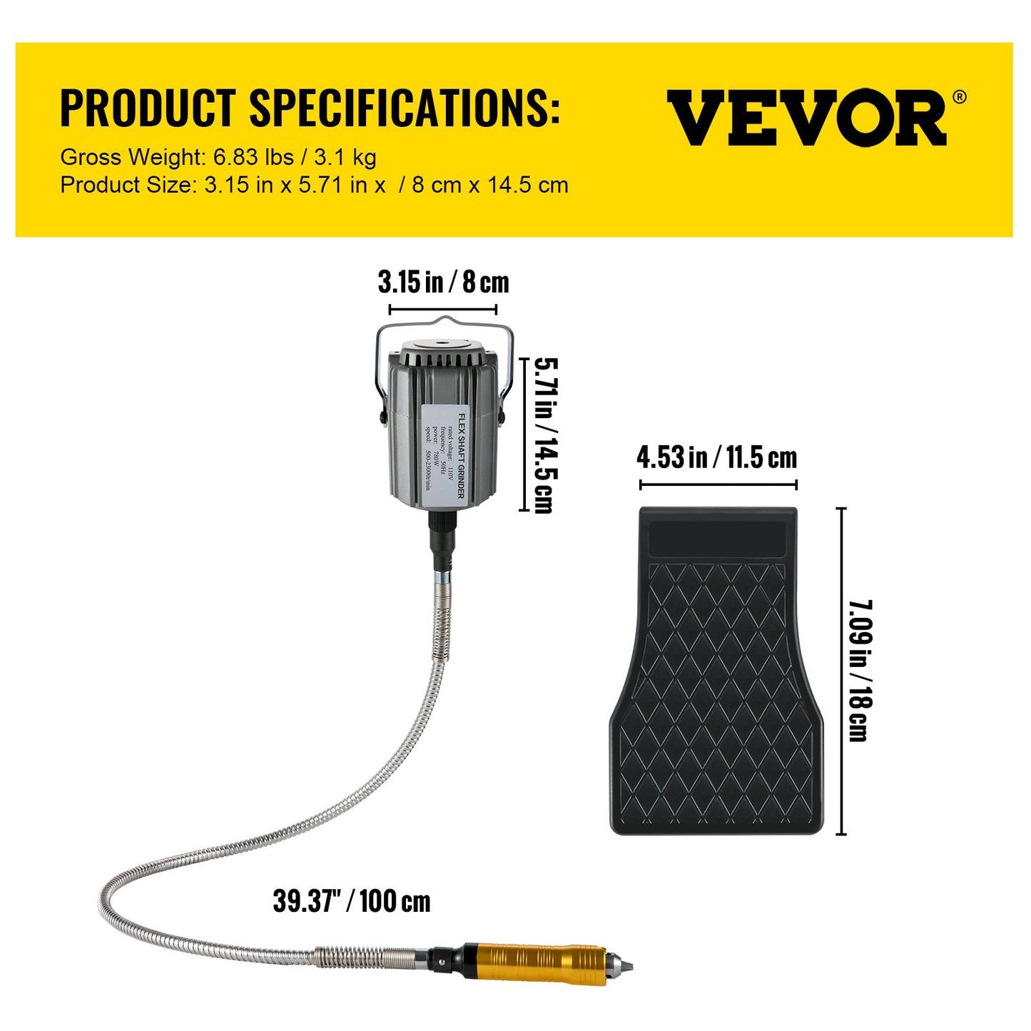 Flex Shaft Slipmaskin 780W Roterande Verktyg 500-23000RPM Rotary Carver med 1/4" 3-Käft Chuck & Steglös Fotpedal Hängande Slipmaskin 131ST Tillbehör för Smycken Polering Slipning DIY