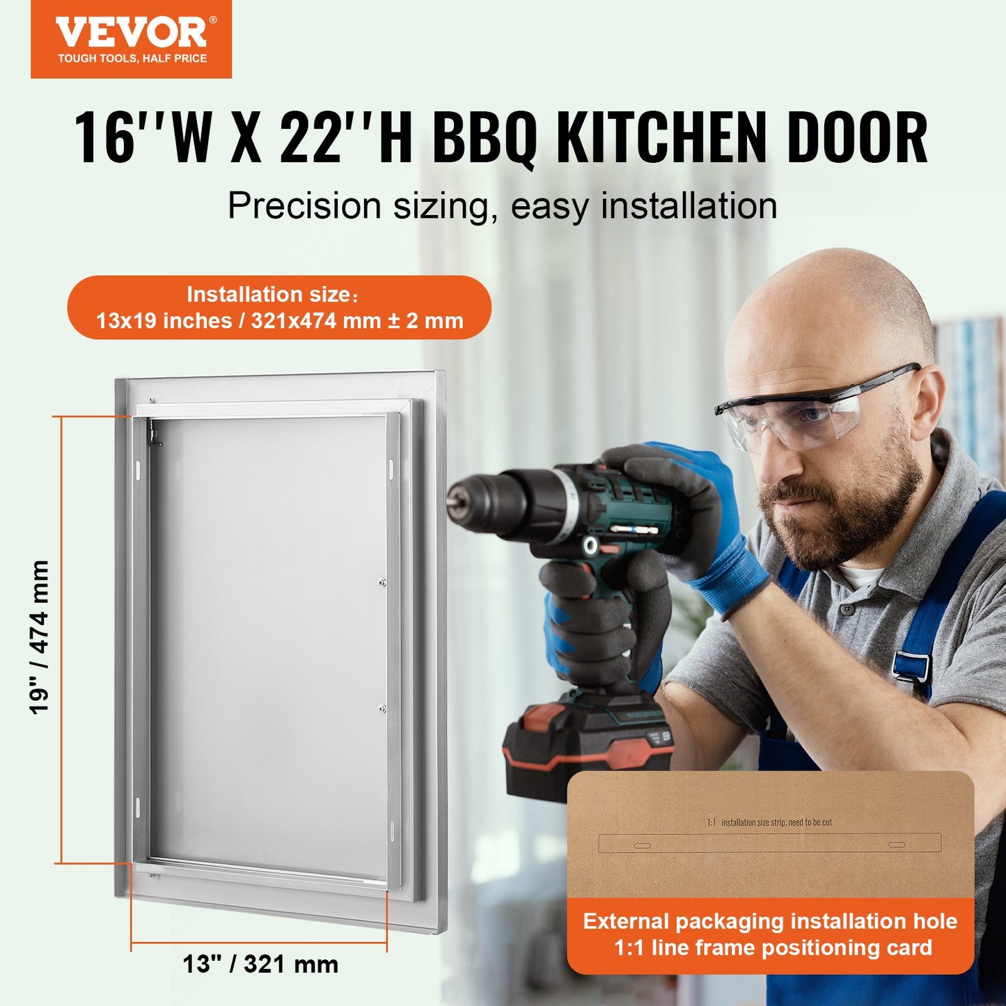 BBQ-åtkomstdörr, 407x559 mm enkel utomhusköksdörr, infälld dörr i rostfritt stål, vertikal väggdörr med handtag, för BBQ Island, grillstation, ytterskåp