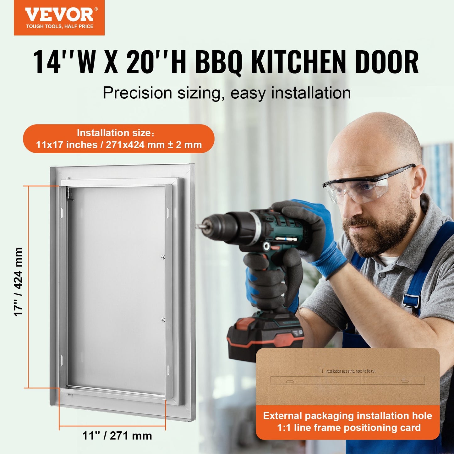BBQ-åtkomstdörr, 355x508 mm enkel utomhusköksdörr, infälld dörr i rostfritt stål, vertikal väggdörr med handtag, för BBQ Island, grillstation, ytterskåp