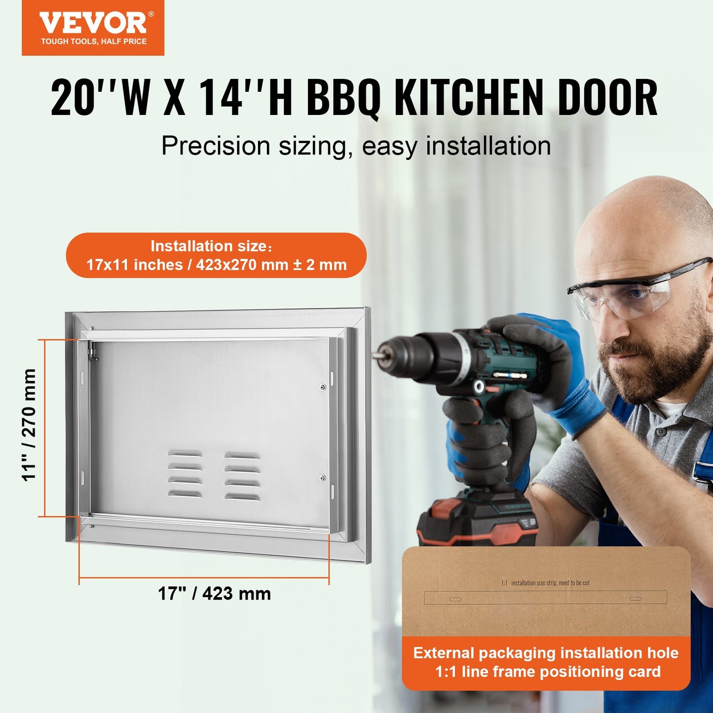 BBQ-åtkomstdörr, 508x356 mm enkel utomhusköksdörr, infälld dörr i rostfritt stål, vertikal väggdörr med handtag och ventiler, för BBQ Island, grillstation, ytterskåp