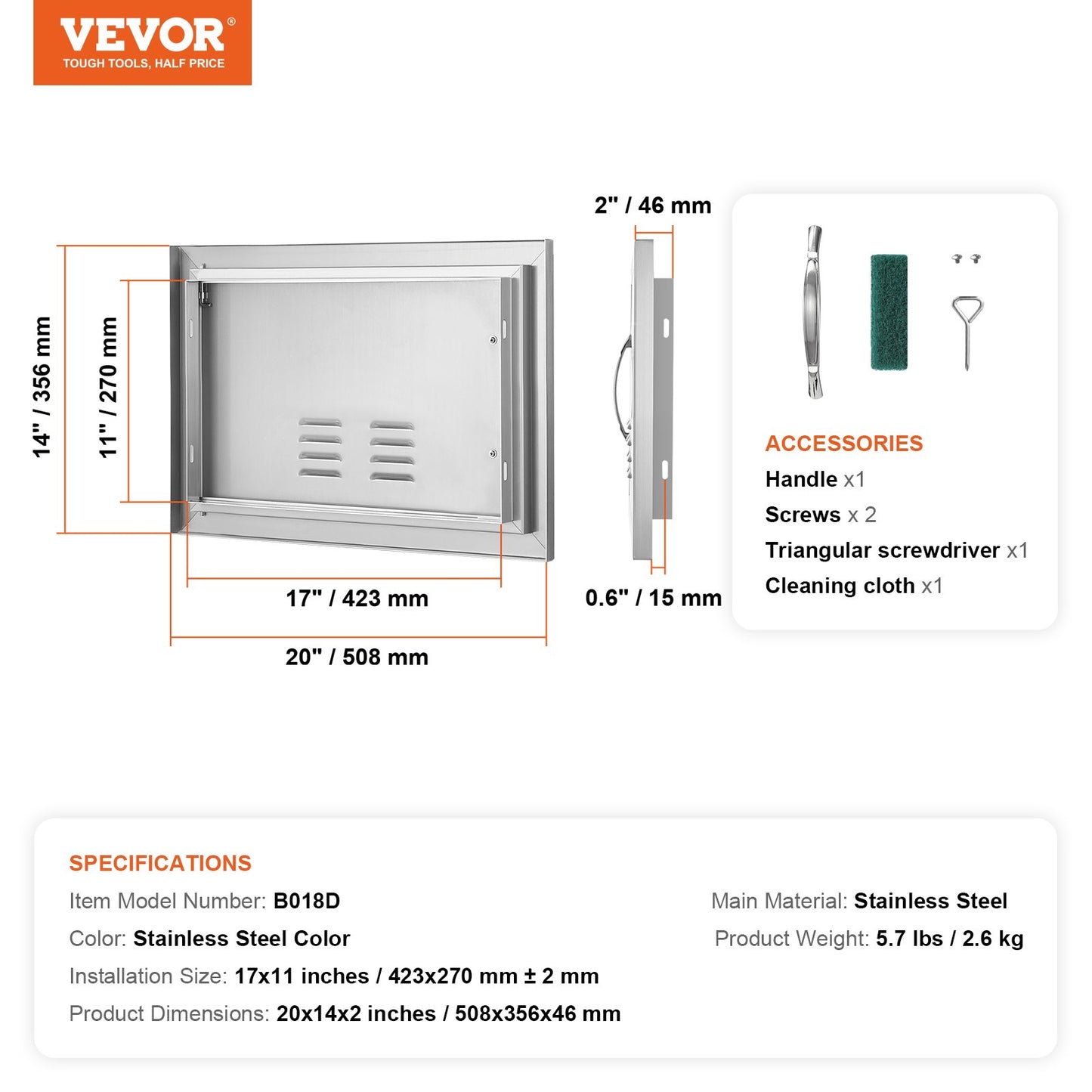 BBQ-åtkomstdörr, 508x356 mm enkel utomhusköksdörr, infälld dörr i rostfritt stål, vertikal väggdörr med handtag och ventiler, för BBQ Island, grillstation, ytterskåp