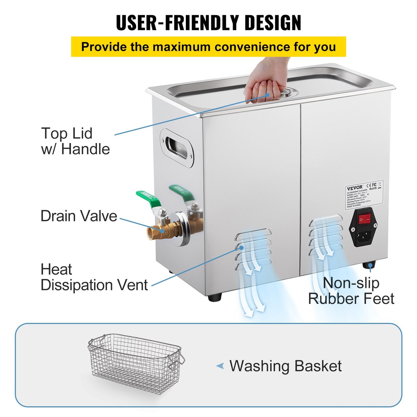 Ultrasonic Cleaner, 36KHz~40KHz Adjustable Frequency, 6L 220V, Ultrasonic Cleaning Machine with Digital Timer and Heater, Lab Sonic Cleaner for Jewelry Watch Glasses Coins, FCC/CE/RoHS Listed