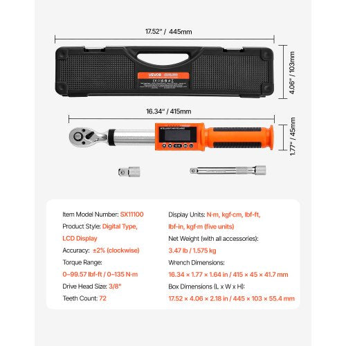 Digital momentnyckel 3/8 tums fattning 0-99.57 lbf-ft / 0-135 Nm 72 tänder | EU