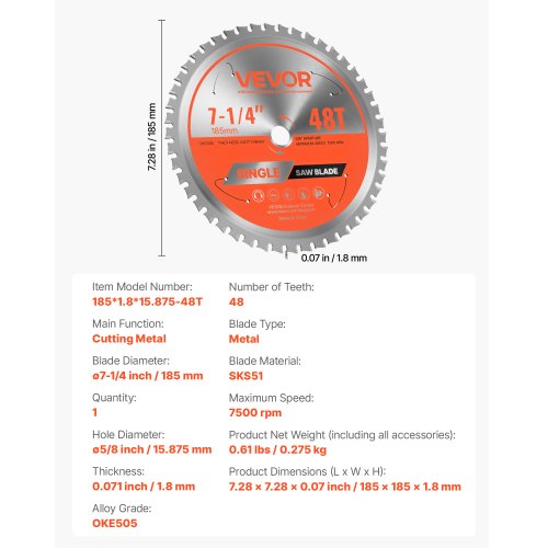 cirkelsågblad, 185 mm diameter, 48 vassa legeringständer, 15,875 mm spindel, fin yta, metallskärblad för cirkelsåg, med ljudreducerande värmeventiler, för skärning av stål och aluminium | EU