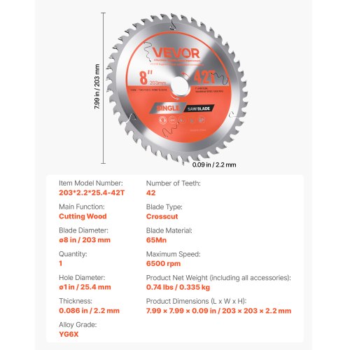 Cirkelsågblad, 203 mm diameter, 42 vassa legeringständer, 25,4 mm spindel, fin yta, Träsågblad för cirkelsåg, med ljudreducerande värmeventiler, för sågning av plywood, OSB och lövträ | EU